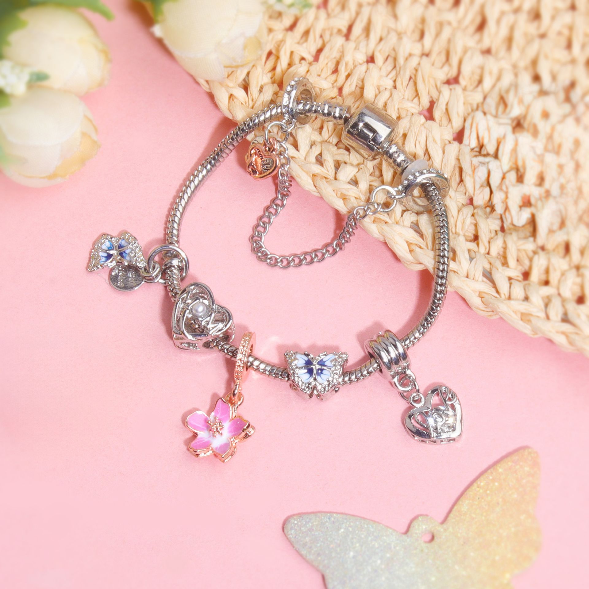 Blue Butterfly Glass Bead & Pink Flower Pendant Charm Bracelet(17cm) — image 6