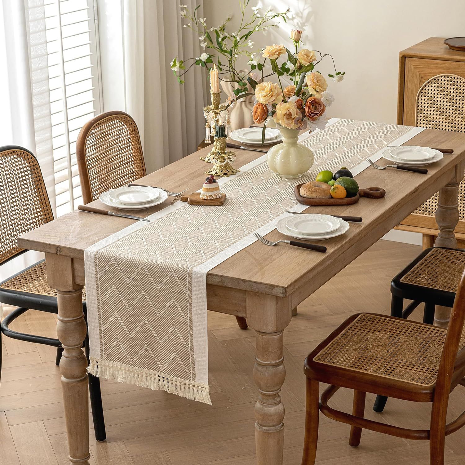 Linen-Like Farmhouse Rustic Polyester Table Runner Tassel Edges for Kitchen, Dining Table, Coffee Table, Holiday Parties, Party Decor(khaki 35*180cm) — image 2