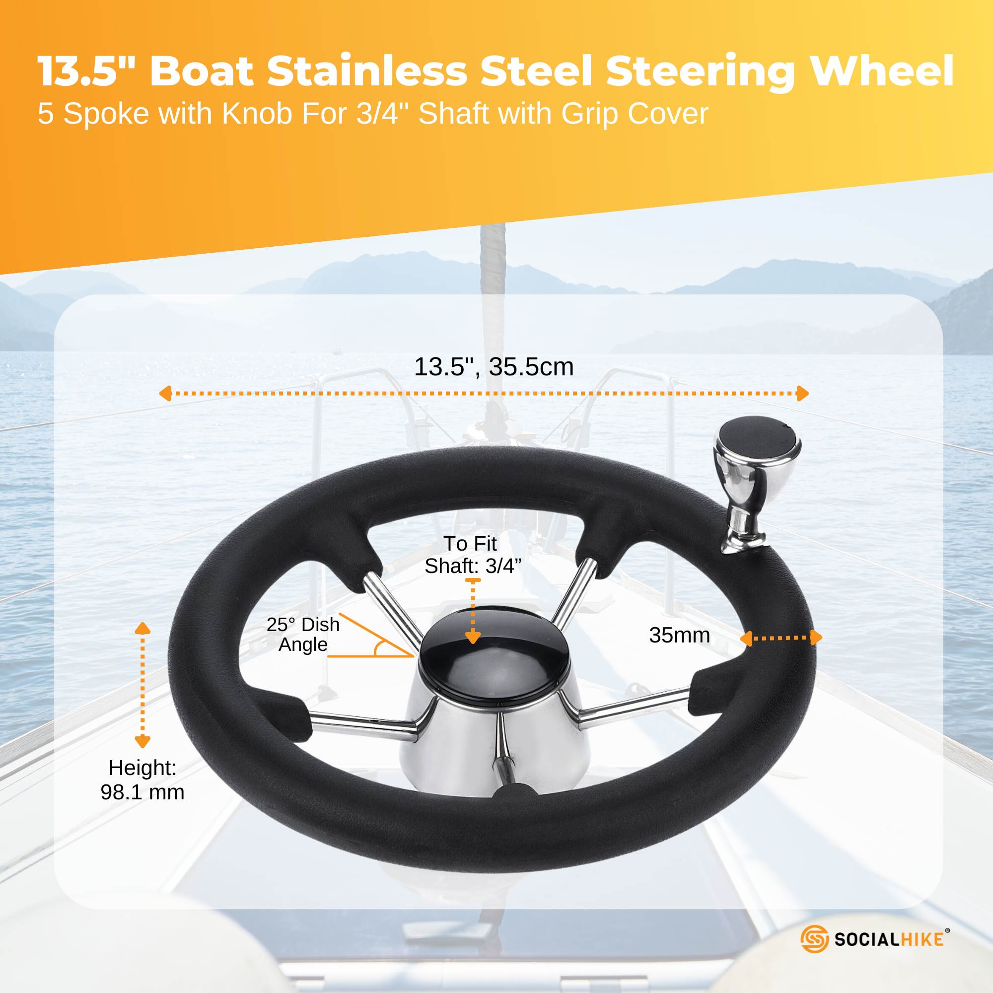 13.5" Boat Steering Wheel With Grip Cover - Stainless Steel 3/4" 5 Spoke With Knob โ image 2