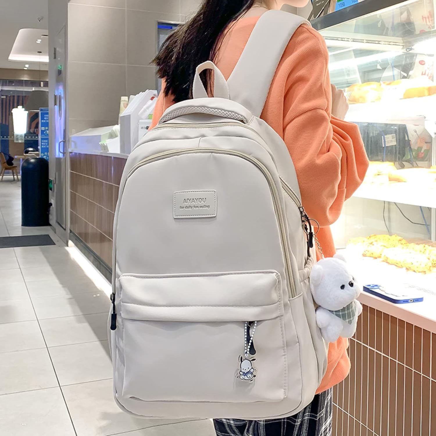 Female Lady High Capacity College Backpack Women Laptop School Bags Cute Girl Travel Book Bag Cool,Black,with Bear Doll โ image 3