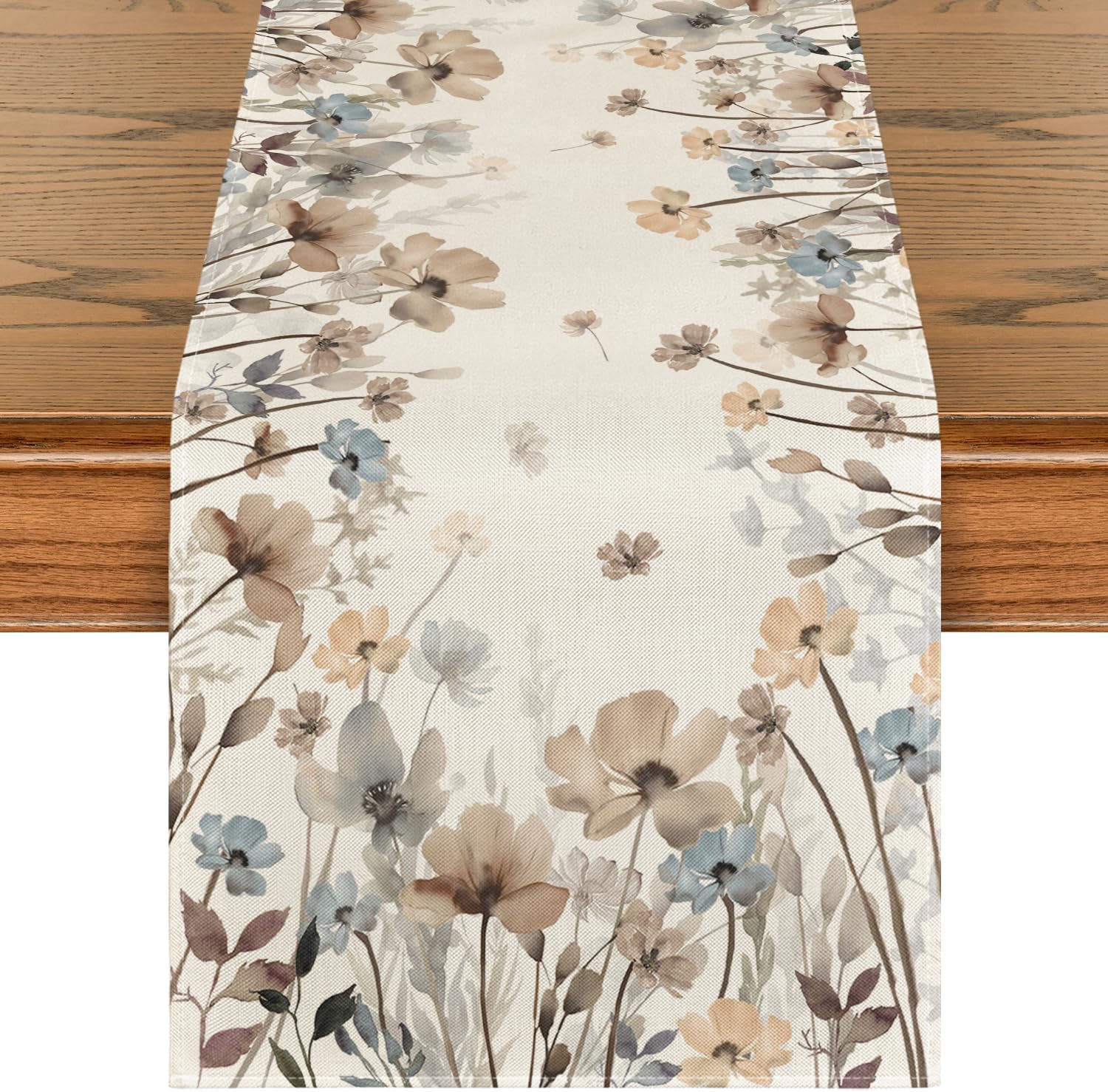 Brown Poppy Flowers Floral Blossom Summer Table Runner, Fall Kitchen Dining Table Decoration for Home Party Decor 13 × 72 Inch