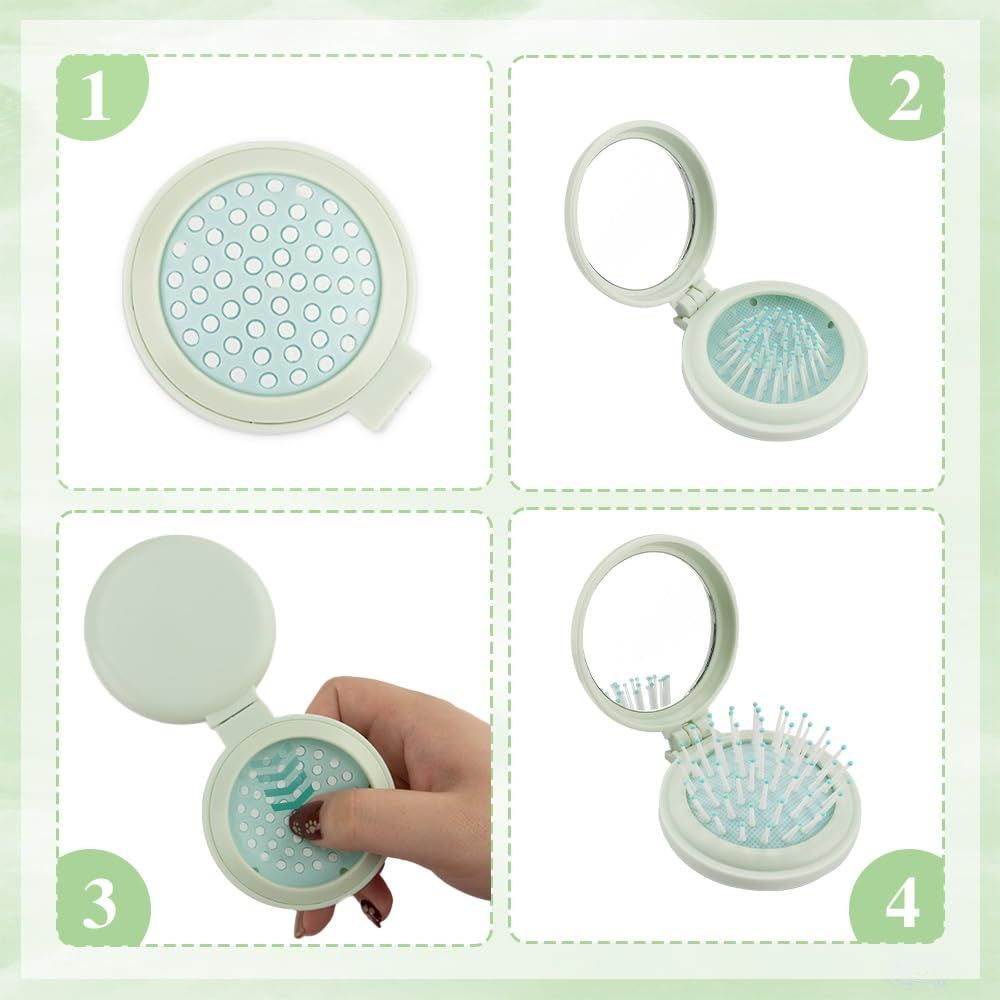 Mini Brush with Mirror - Green Travel Folding Hair Brush for Purse, Wet Brush for Women not taking up space and convenient — image 3