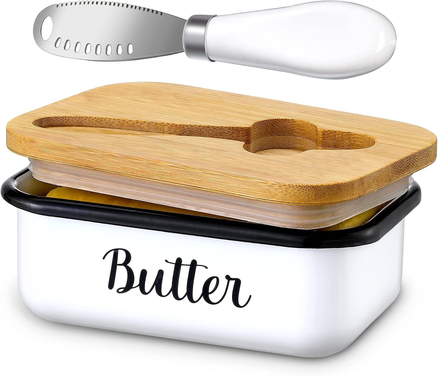 Butter Dish with Lid and Curler Knife - Unbreakable Stainless Steel Keeper Container Double Silicone Sealing, for Kitchen Farmhouse Decor White