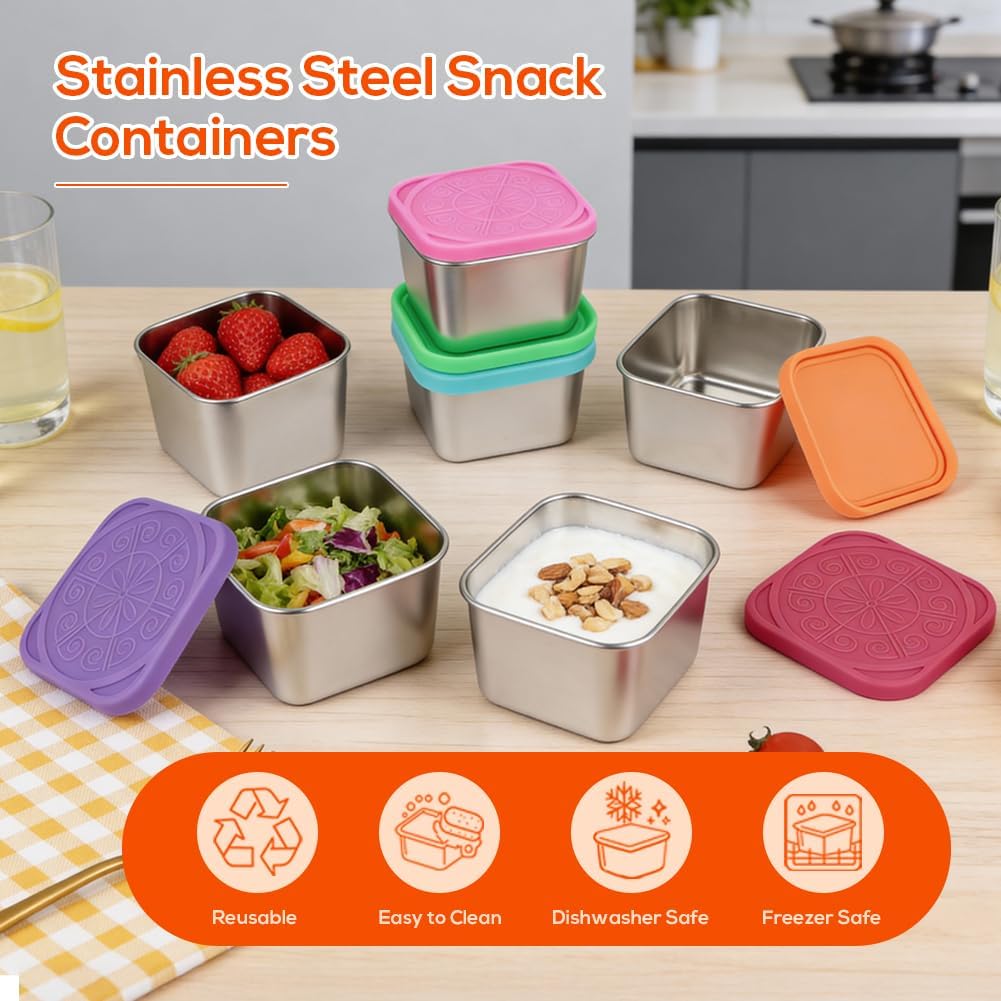 YQL 6-Pack 6oz Square Stainless Steel Snack Containers – Leakproof Metal Food Storage with Colorful Silicone Lids, Reusable Small Boxes for Travel & Meal Prep — image 6