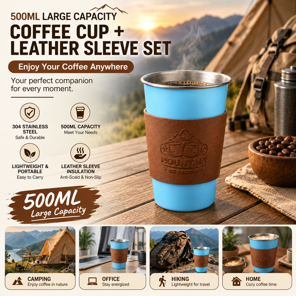 Blue 304 Stainless Steel Camping Coffee Cup with Leather Sleeve โ 500ml Portable Outdoor Drinking Cup, Beer Cup, Travel Mug for Camping, Hiking, Picnic and
