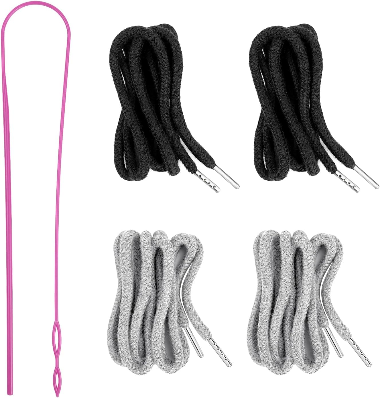 4Pcs Drawstring Cords with 1 Threader Tool, 51 Inch Replacement Drawstring for Sweatpants Jackets Swim Trunks Pants Shorts Hoodies (2 Black, 2 Gray, 51 inches)