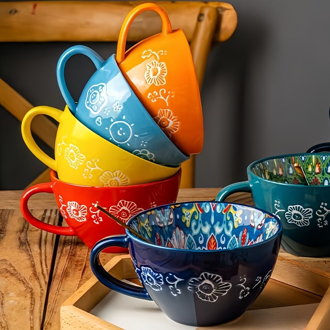 Bohemian Ceramic Cups Vibrant Floral Drinkware Hand-Painted Coffee Cups Unique - Jadeite plume - Size 400ml โ image 2