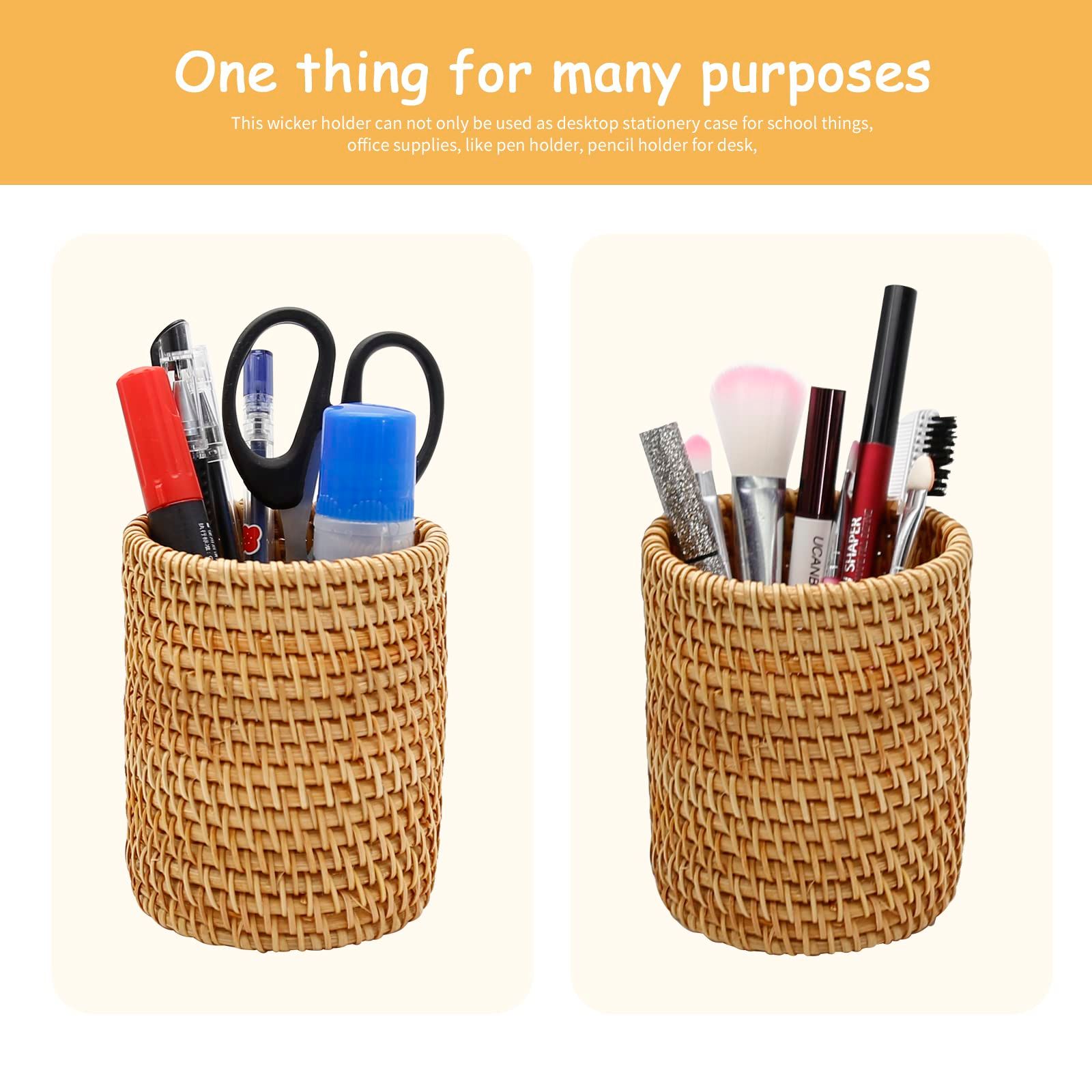 2 Pack Rattan Pencil Holder Handmade Pen Organizer Boho Desk Accessories Pen Cup Holder Desk Accessories Aesthetic Holder for Desk Cute โ image 3
