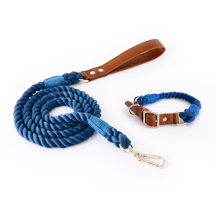 Premium Leather Pet Collar and Leash - Soft, Strong Braided Rope (Navy blue - Size M)