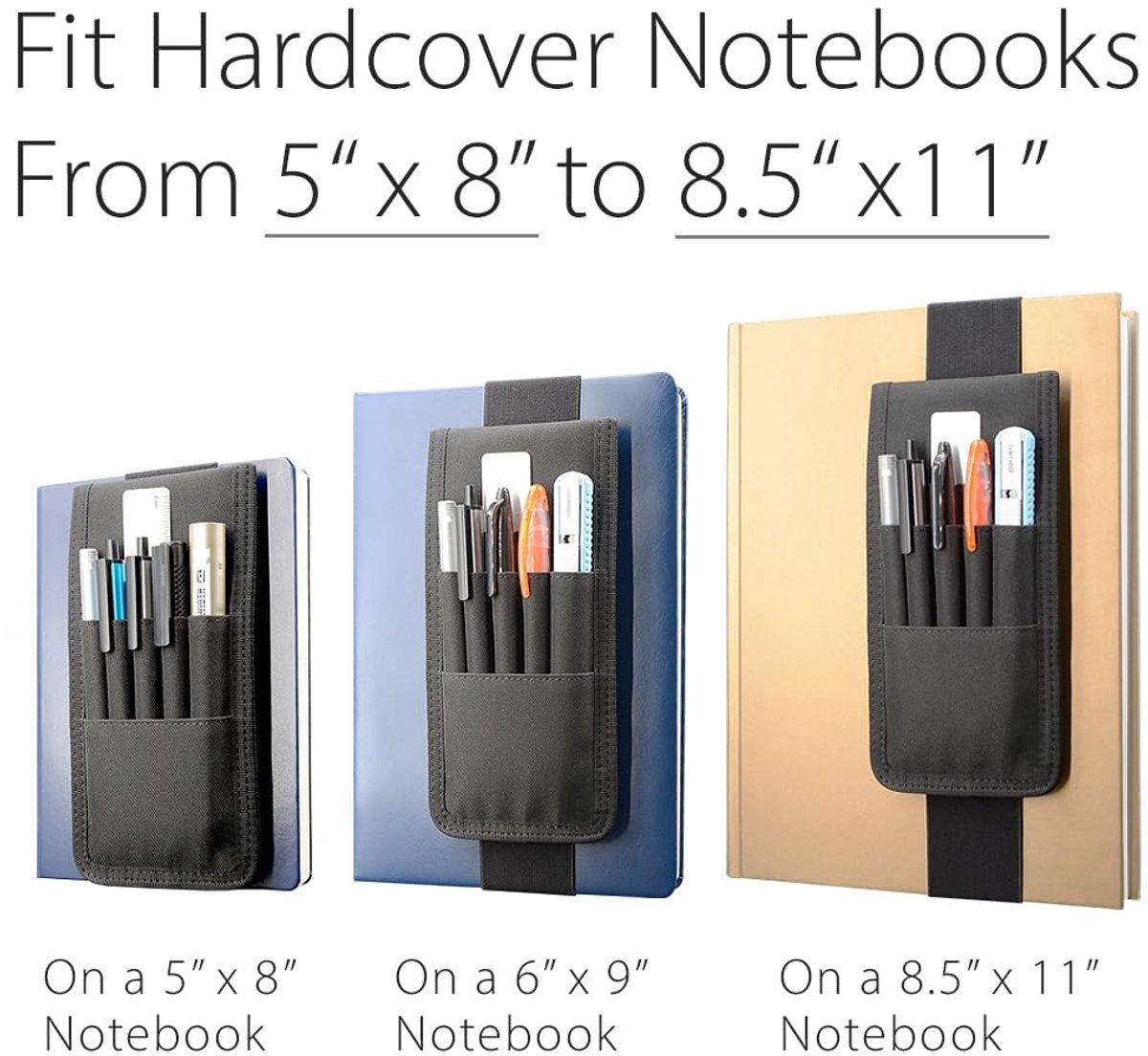 Adjustable pen holder - Velcro, 3 elastic bands - For hardcover diaries & planners — image 2