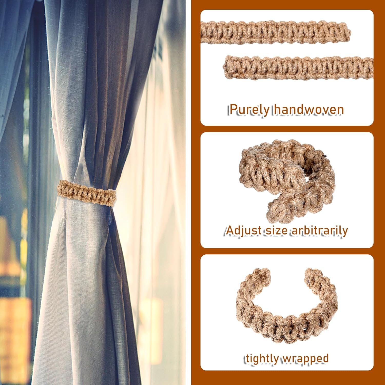 4 Pack Braided Curtain Tiebacks Boho Elegant Rustic Curtain Holdbacks Tie Backs Holders Set Simple Light Weight Drapes Decorative Accessories Handmade for Home — image 3