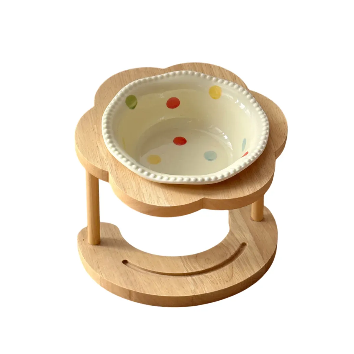 Ceramic Pet Food Bowl with Wooden Base Non Slip for Cats Small Dogs Easy Clean — image 2