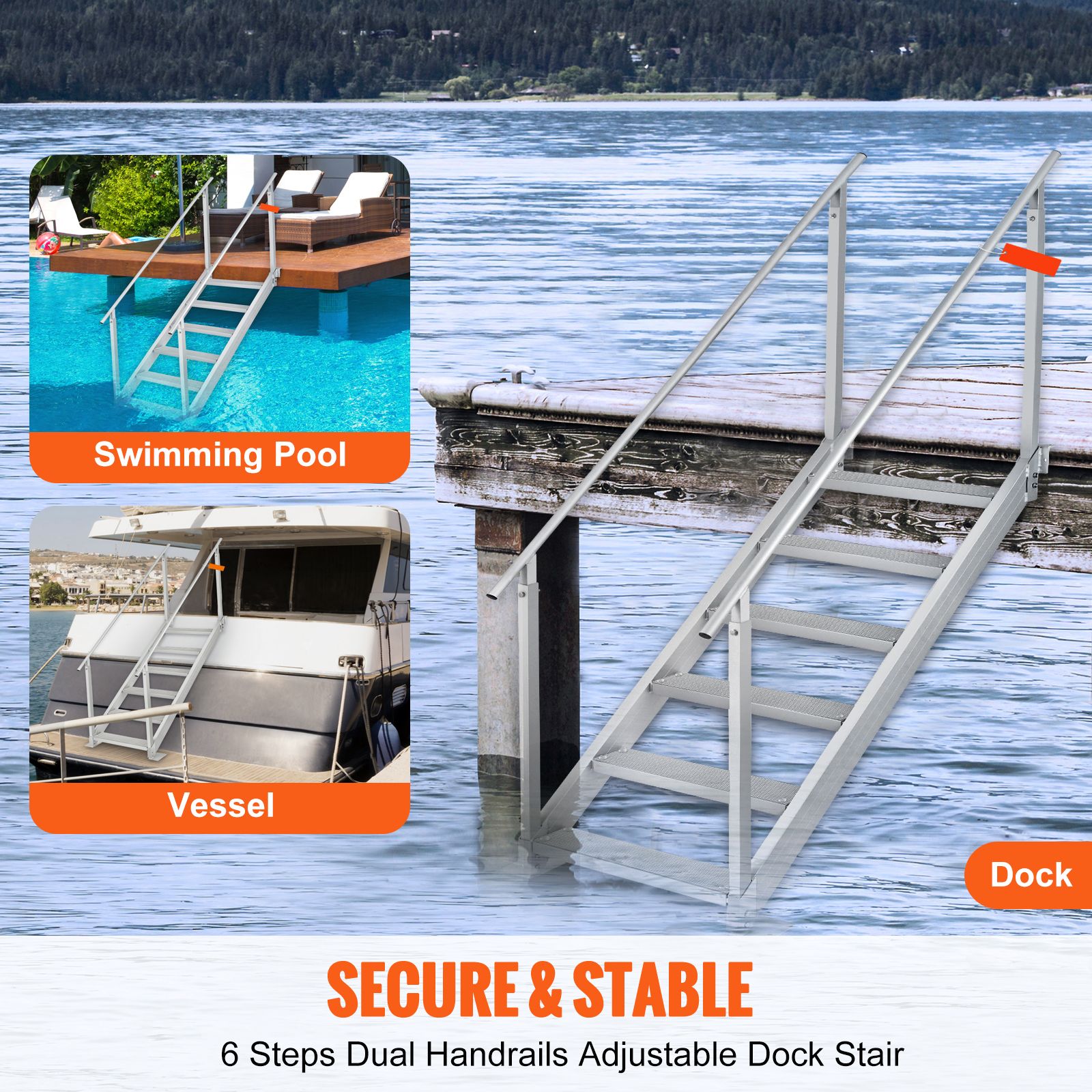 Dock Ladder, 1.09 m-1.29 m Adjustable Height, 227 kg Load Capacity, Aluminum Alloy 6 Steps Pontoon Boat Ladder with Dual Handrails & Nonslip Mat, Ideal for — image 2