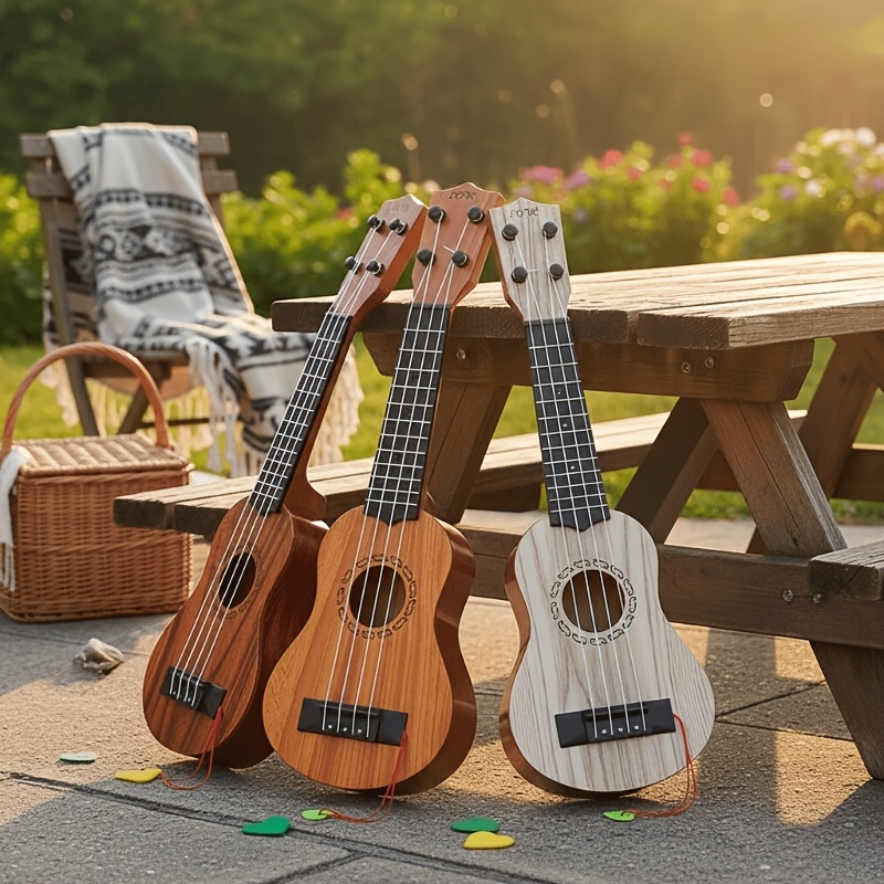 Acacia wood 17-inch Playable Ukulele Mini Guitar, lightweight and portable. Features comfortable nylon strings, includes a pick, and has open-style tuning pegs โ image 3