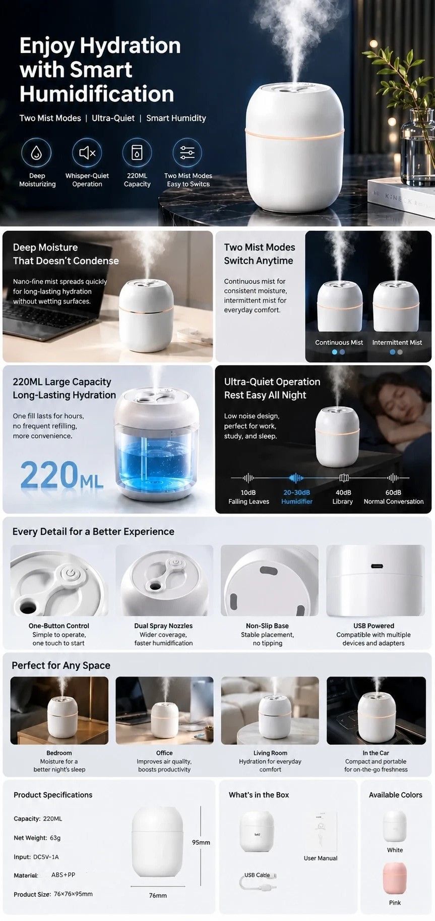 2 Pack Water Drop Humidifier Nordic Pink, Xmas Gift Pair — image 2
