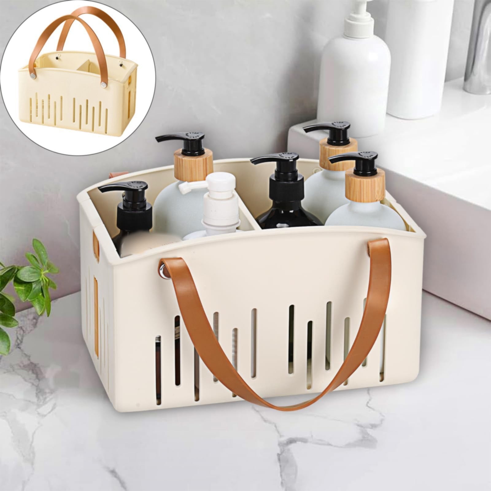 Cotton Rope Storage Basket with PU Leather Handles, Woven Organiser for Toys, Laundry, Blankets, 25.5 × 17 × 25 cm, White