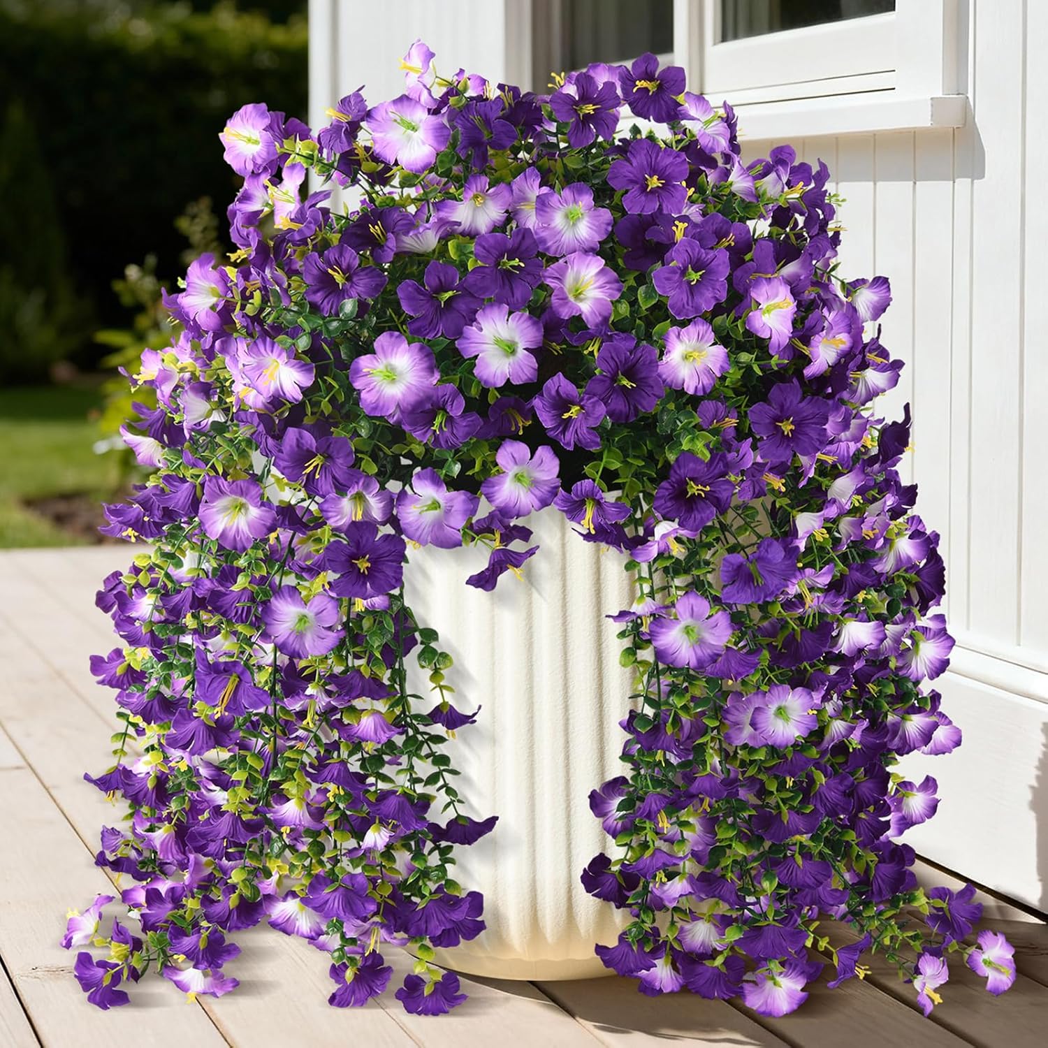 Artificial Fake Hanging Flowers Plants for Outdoor Spring Decoration,2 PCS Faux Silk Morning Glory with Eucalyptus Leaves,UV Resistant Realistic Trailing Vines