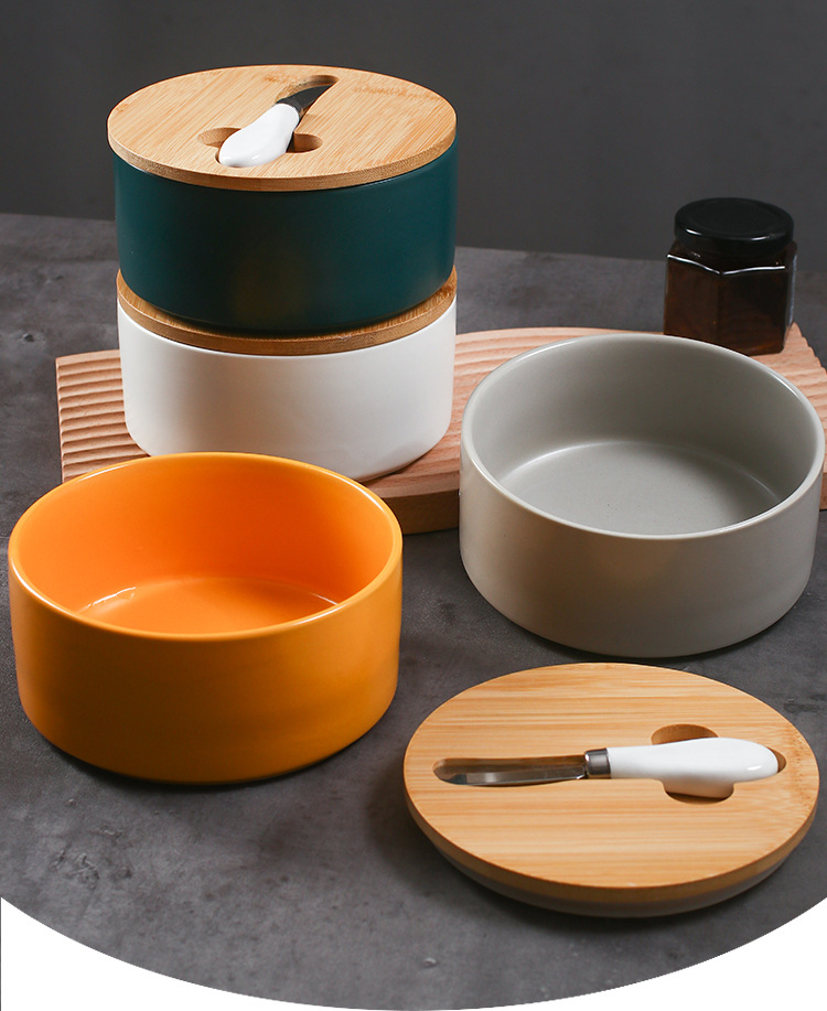 Yellow Nordic Ceramic Butter Dish with Knife - Airtight Cheese Container with Bamboo Lid, Kitchen Storage โ image 6
