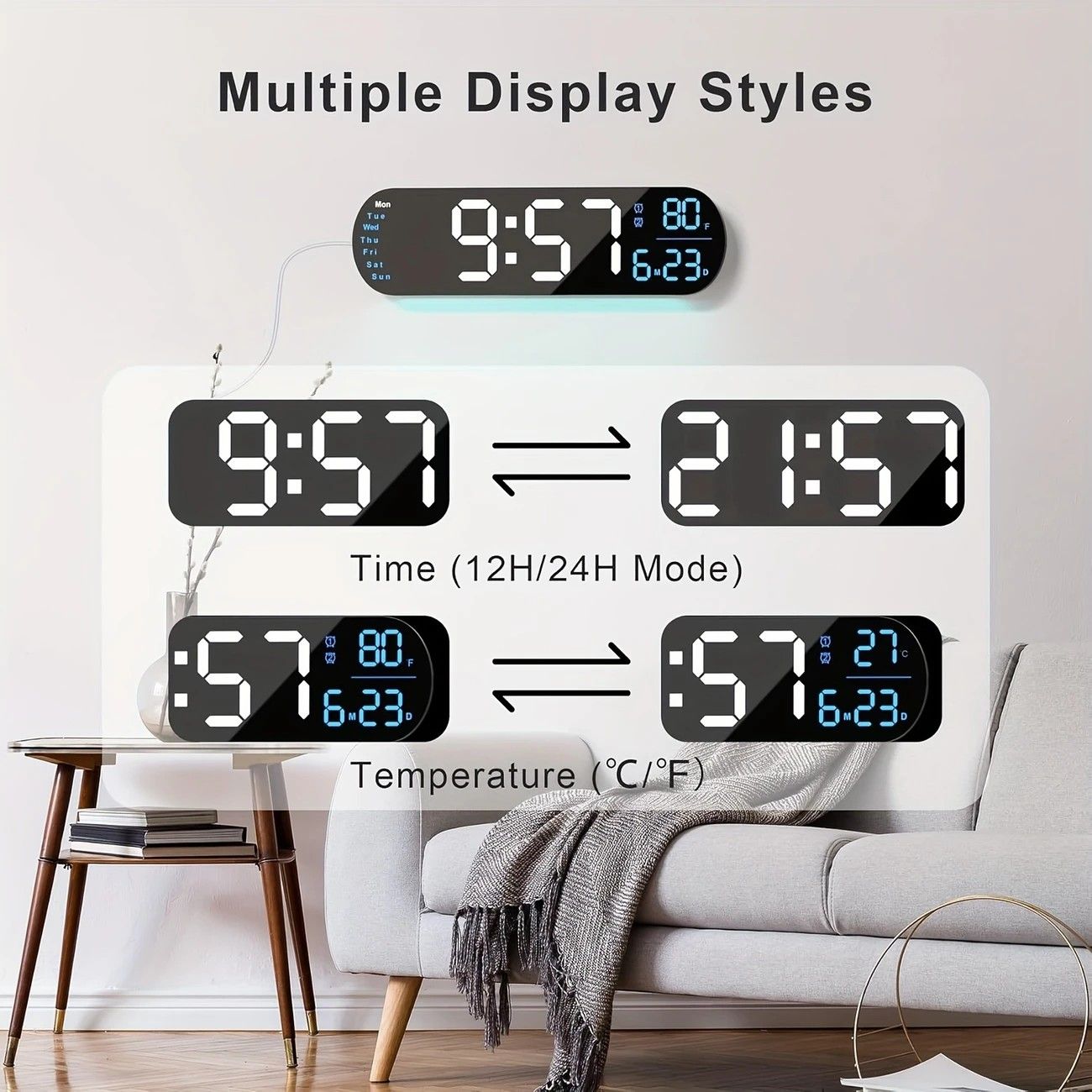 13.7" Large LED Digital Wall Clock - Auto Dimming, Temperature Display, Ideal for Bedroom & Office(5502BLUE) — image 6