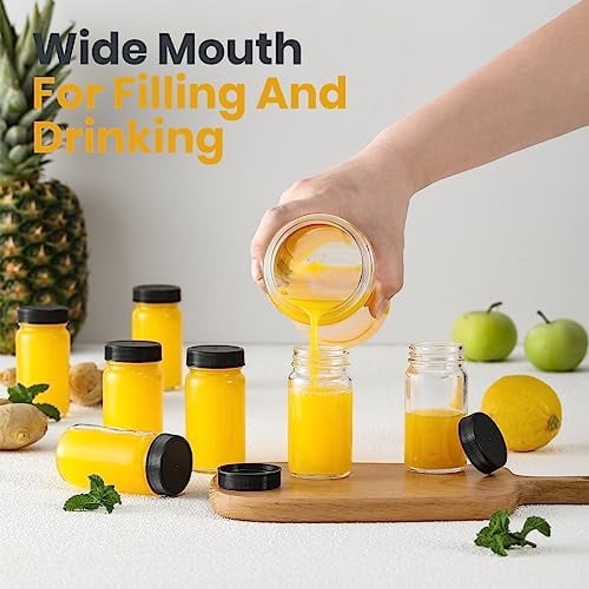 Glass Jars with Lids - 15 x 2 oz Jars - Includes 15 Labels - Clear - Perfect for Ginger Smoothies, Health Drinks, Juices, etc. - Travel Essential โ image 5