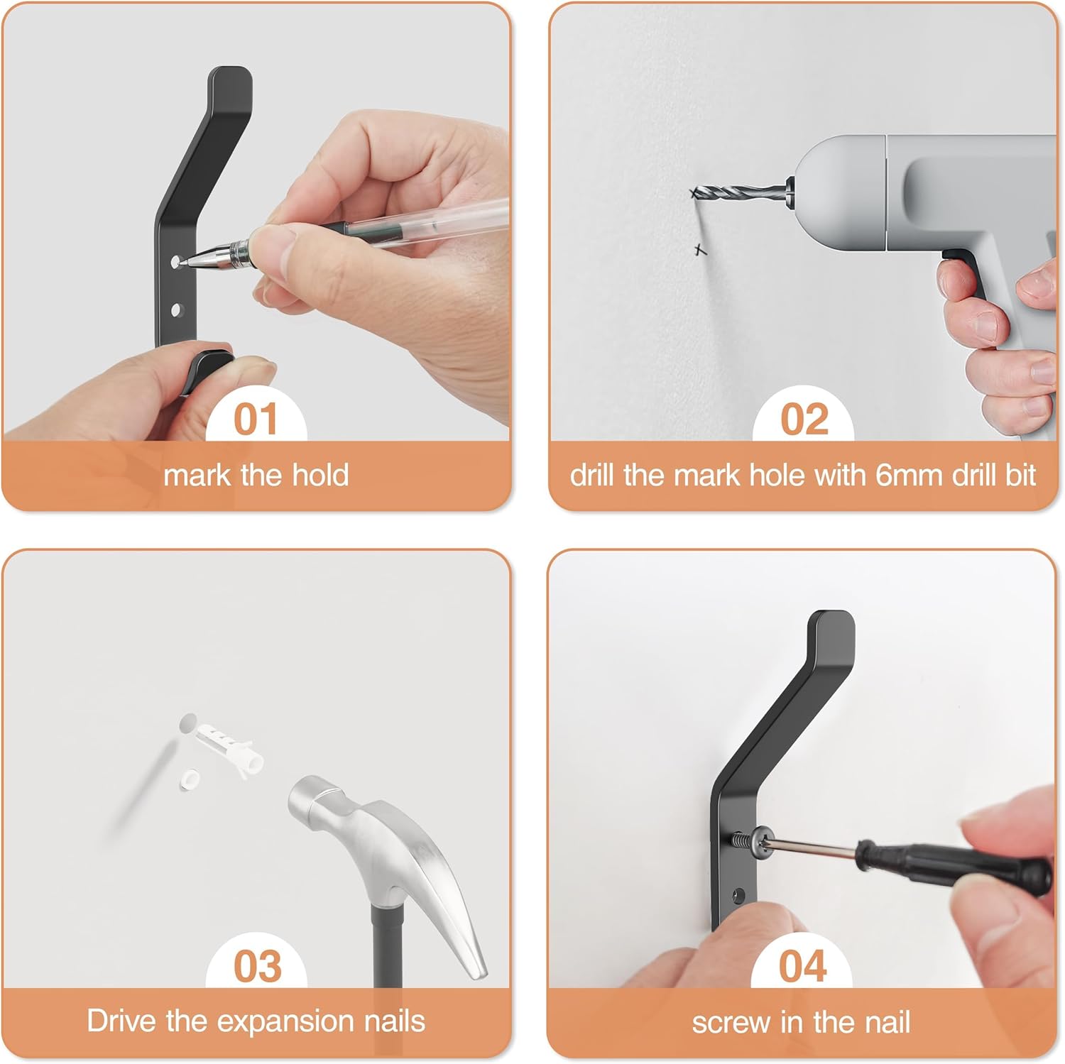 10-Pack Coat Hook for Hanging, 10KG (Max), Stainless Wall Hooks for Towel, Hat, Backpack, Key, Clothes, Wall Mounted Coat Hanger for Closet, Black 10 CM — image 5