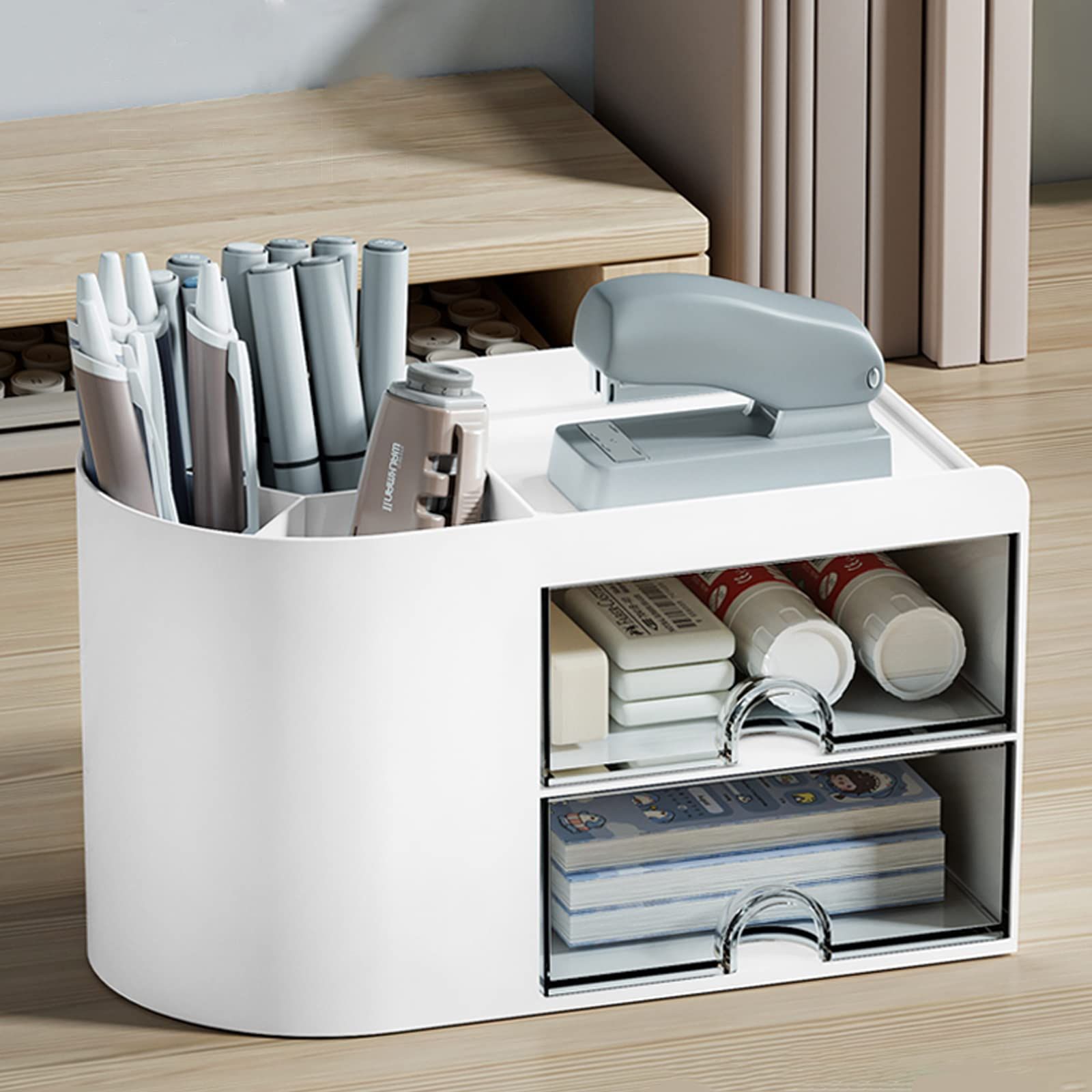 Pencil Pen Holder for Desk, Office Desk Organizer with drawer, Cute Desktop Stationery Organizer, Business Card/Pen/Pencil — image 2