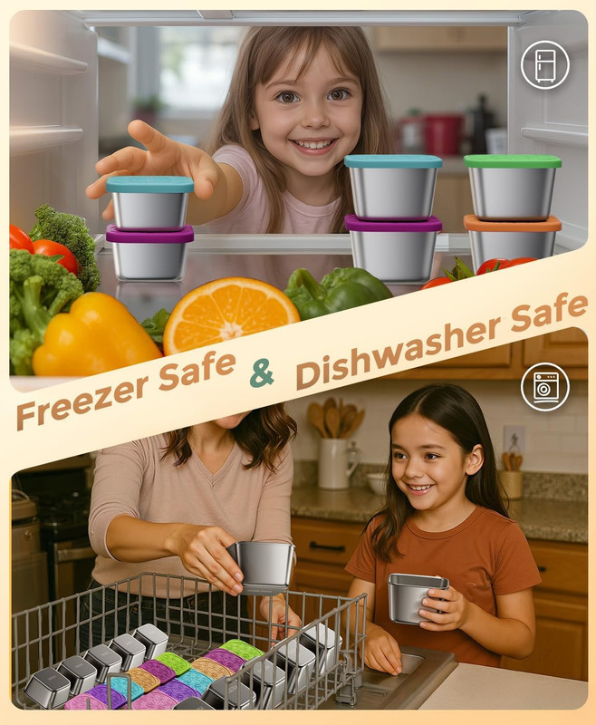 6Pack 6oz Stainless Steel Snack Containers and 2oz Salad Dressing To Go Containers with Silicone Lids, Reusable Square Meal Prep Condiment Sauce Containers — image 5
