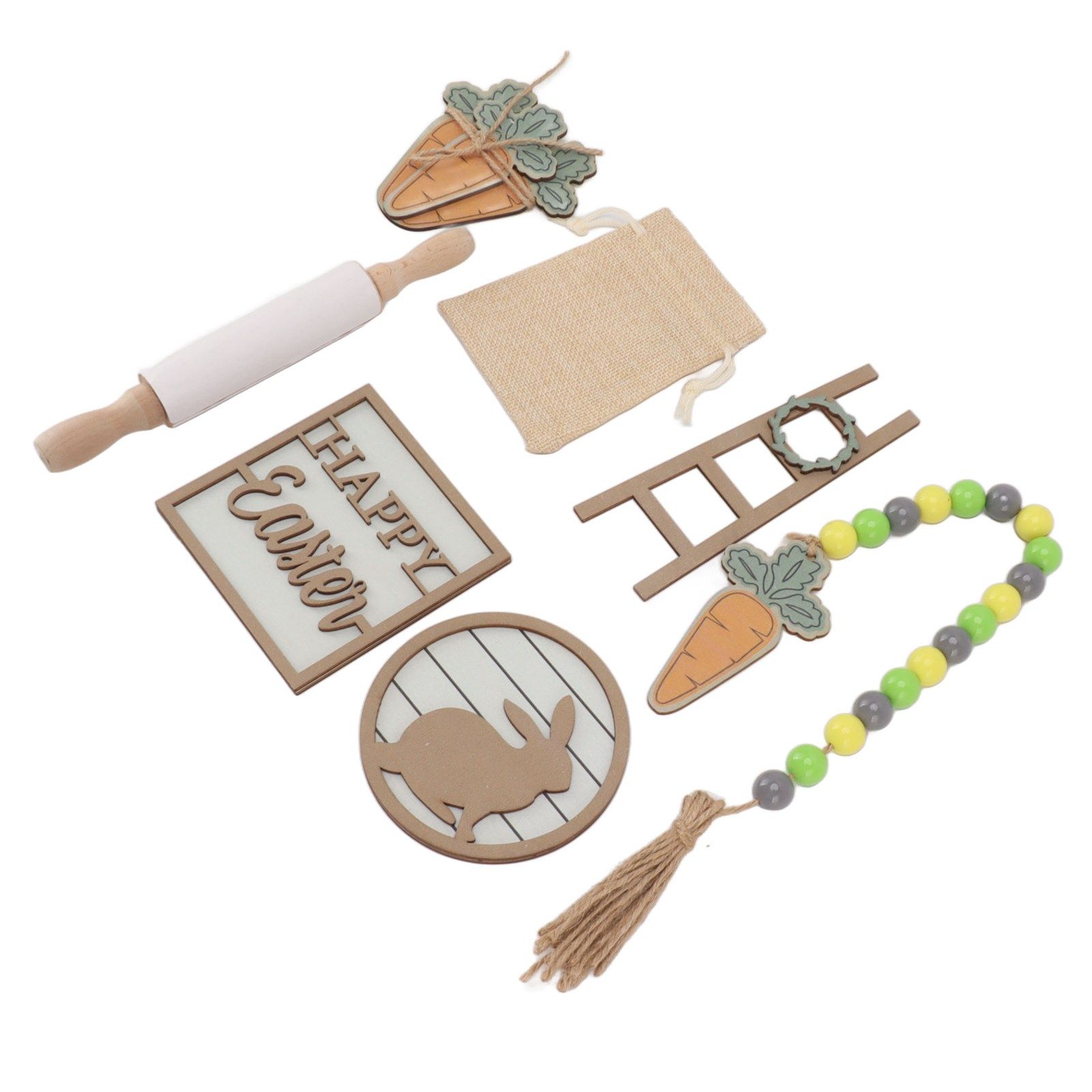 Easter Tiered Tray Decor Bunny Carrot String Bead Rolling Pin Ladder Wooden Easter Tray Decoration — image 6