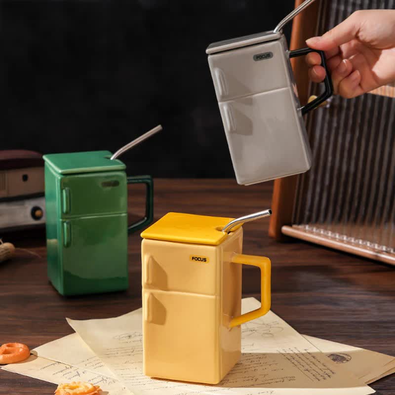 Yellow Creative Retro Refrigerator Ceramic Mug with Lid and Straw - 550ml Coffee Cup - Unique Gift for Couples or Office Use โ image 5