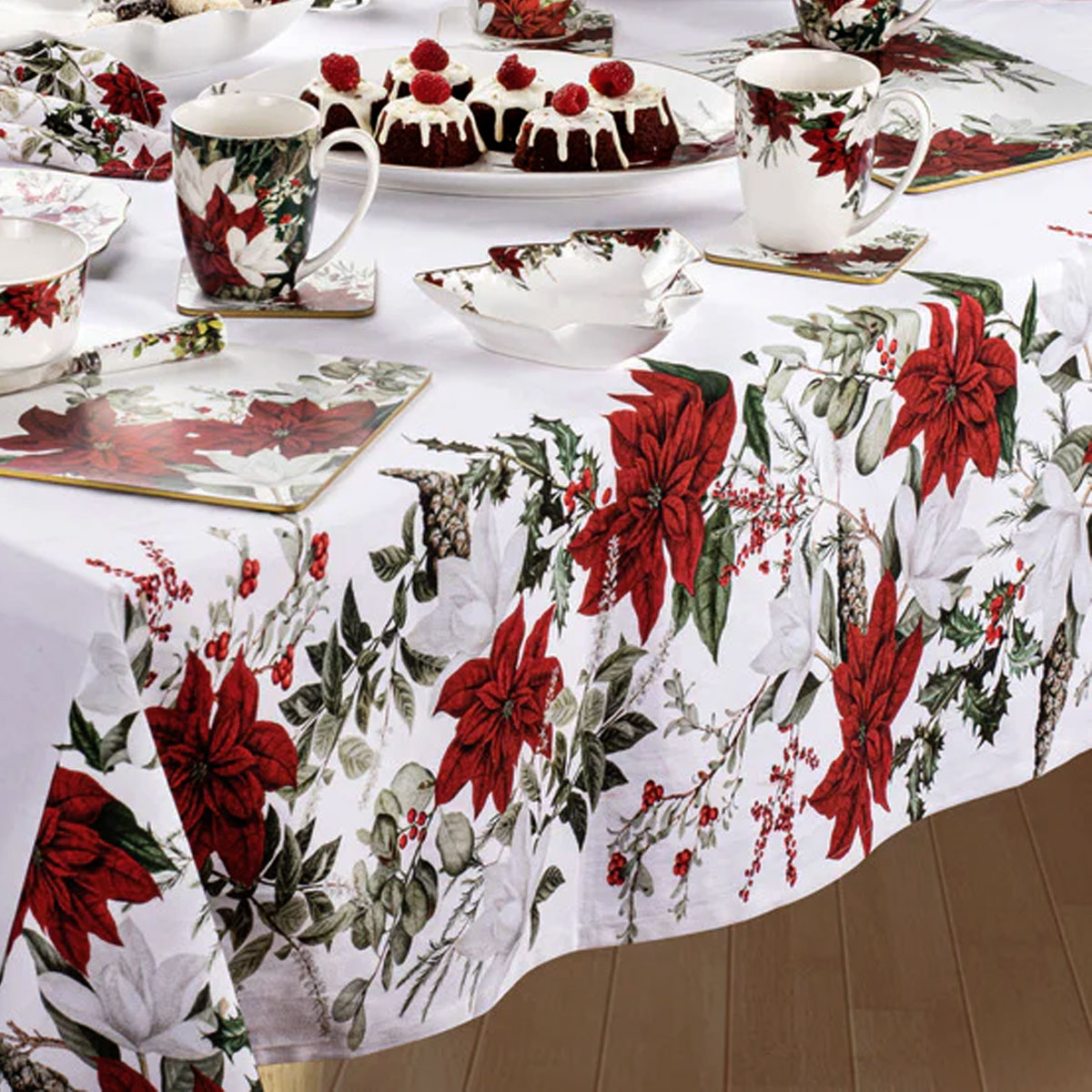 100% Cotton Ashdene Poinsettia Festive Christmas Holiday Tablecloth 150 x 230 cm โ image 3