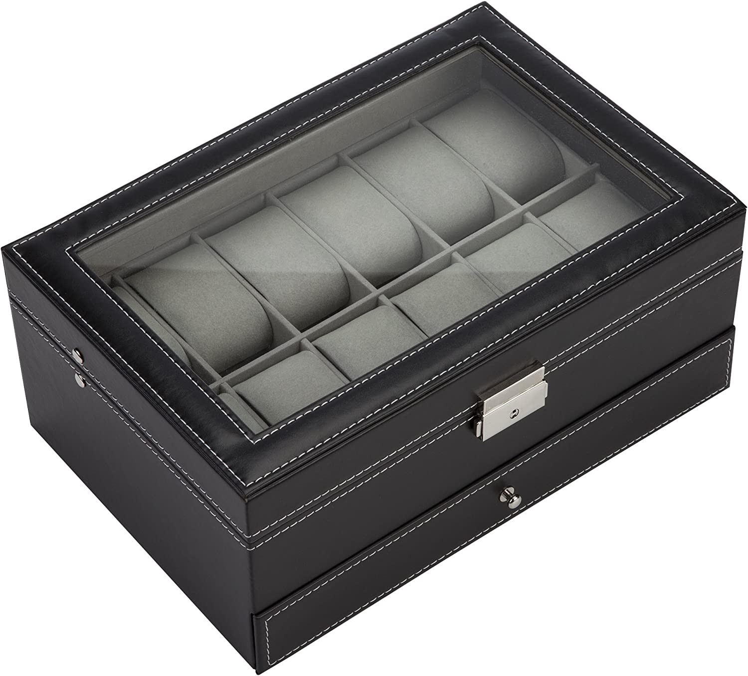 Black Leather Watch Box Jewelry Display Case with Drawers (12 Slots with 2 Layers) โ image 2