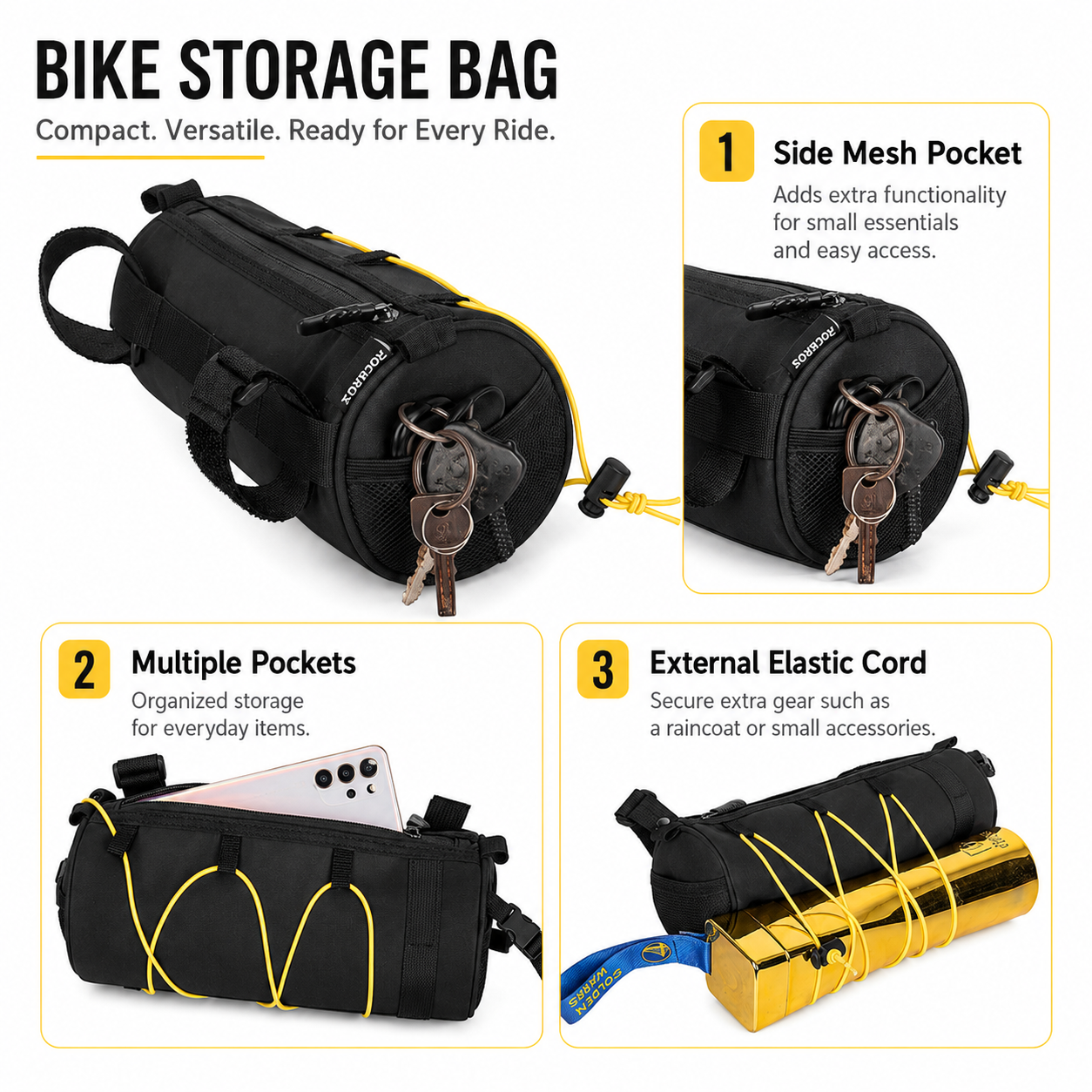 Black Bicycle Handlebar Bag with Fluorescent Orange Elastic Cord Waterproof Front Frame Storage Bag Large Capacity Cycling Pouch for Mountain Road โ image 4