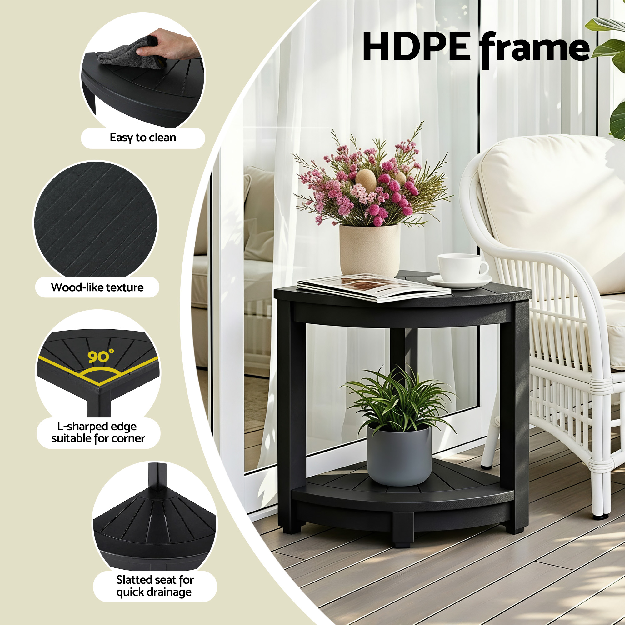 Gardeon Outdoor Coffee Side Table HDPE Desk Corner Shower Stool Bench Seat with Storage Shelf Black — image 5