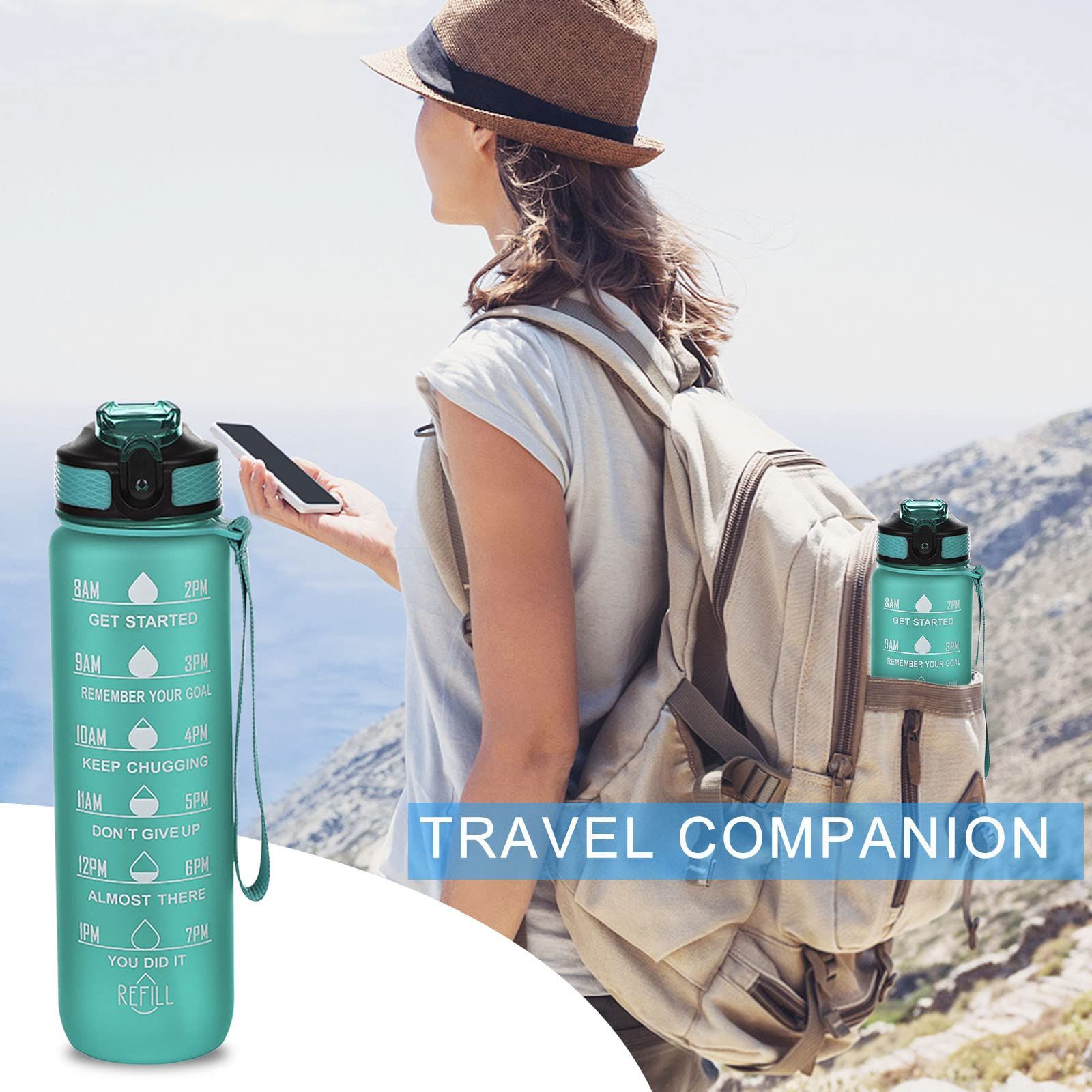 Motivational Water Bottle with Time Markings 1L Leak-proof Design Fitness Drinking Bottle with Straw Portable Sports Drink (Green) — image 2