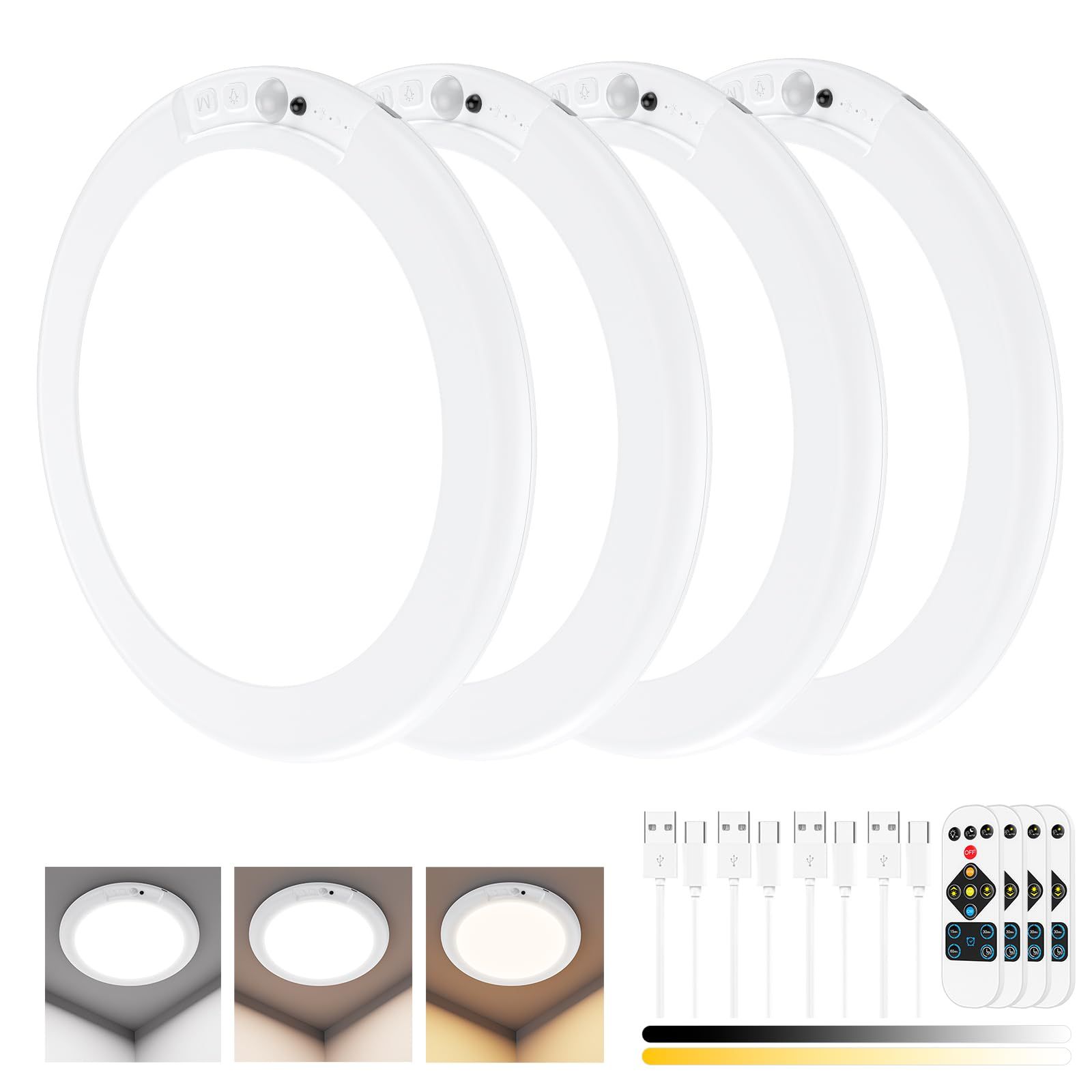Rechargeable Motion Sensor Ceiling Light with Remote, Battery Ceiling Light Wireless, 3 Colors Dimmable Indoor Overhead LED Lights for Closet Shower Pantry