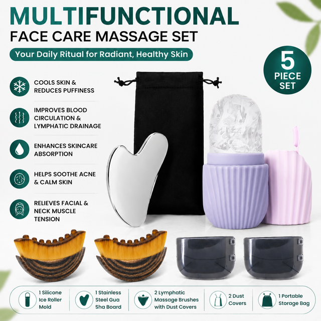 Multifunctional Skincare & Massage Kit with 80ml Purple Silicone Facial Ice Roller, Stainless Steel Heart-Shaped Gua Sha Board, 2 Pack Lymphatic Drainage