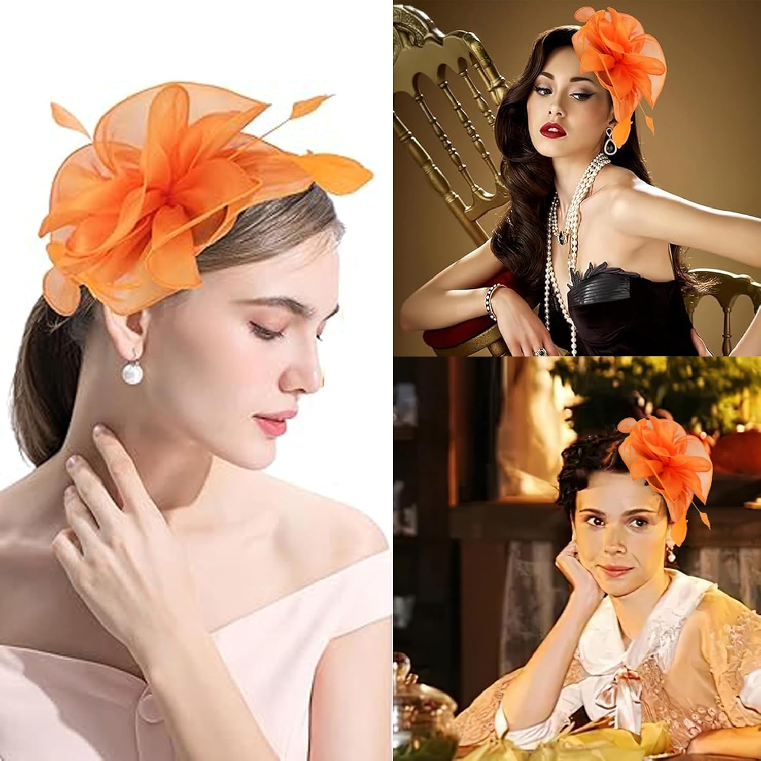 Fascinators Hat for Women Tea Party,Orange Feather Mesh Flower Fascinator with Headband and Clip Wedding Tea Party Derby Fascinator Hats — image 2
