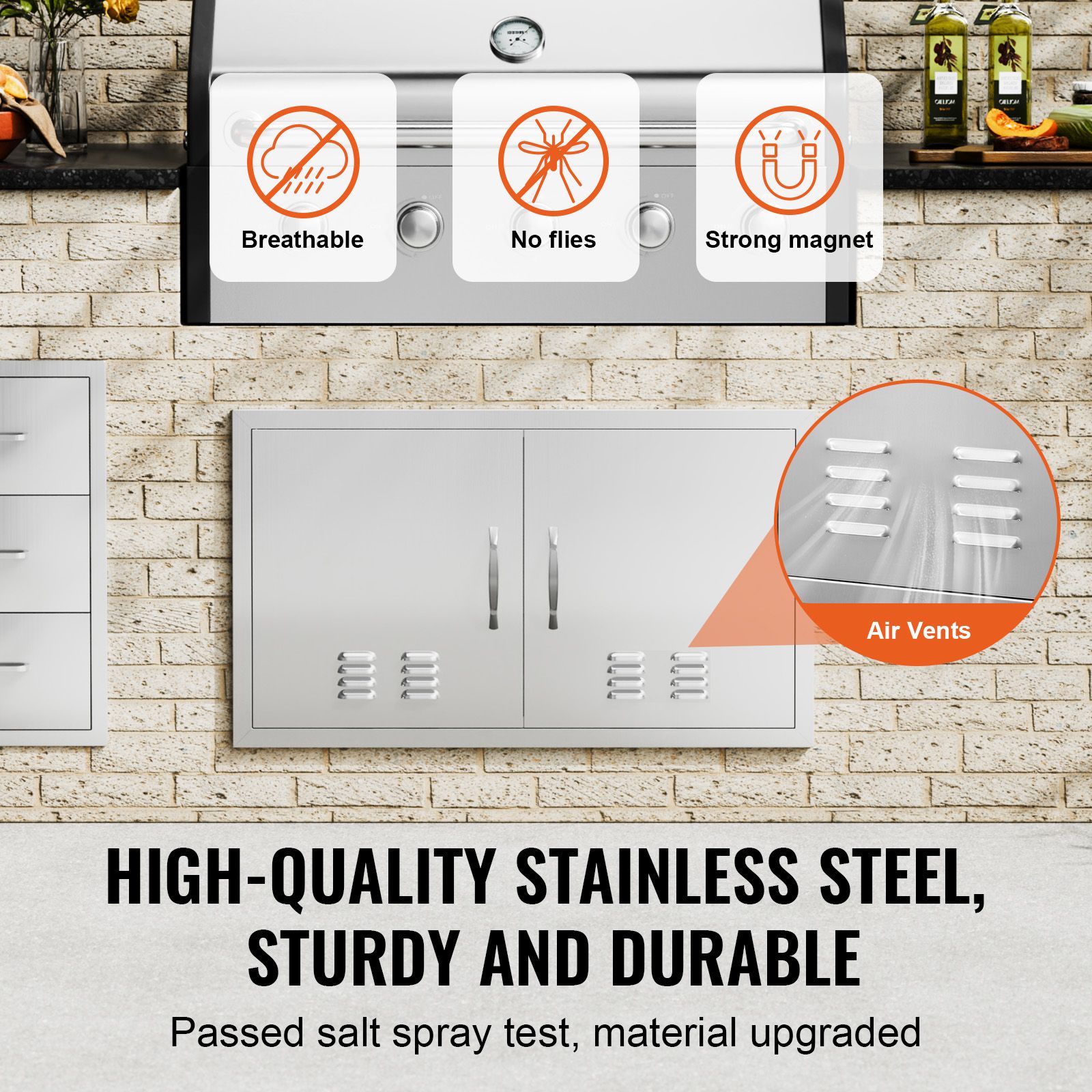 BBQ Access Door, 914 × 534 mm Double Outdoor Kitchen Door, Stainless Steel Flush Mount Door, Wall Vertical Door with Handles and Vents, for BBQ Island — image 3