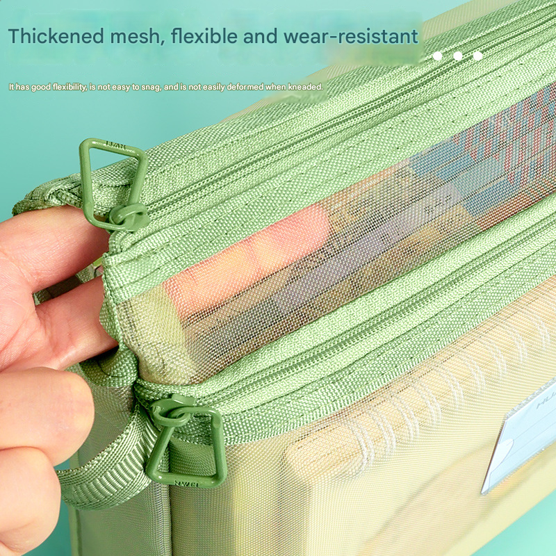 Morandi Green Double Layer Mesh File Bag with Handle Large Capacity Student Subject Organizer โ image 4