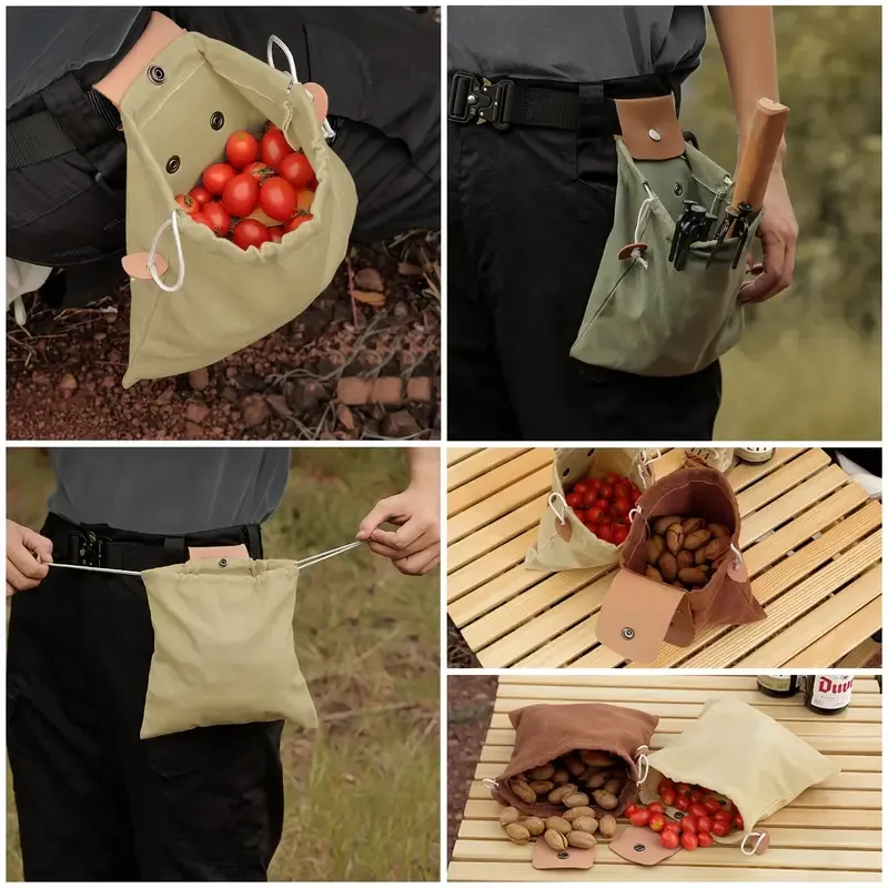 Canvas Foraging Bag Outdoor Fruit Picking Pouch Waist Pack Bushcraft Tool Bag PU Leather Lightweight Foldable Organizer/black โ image 5