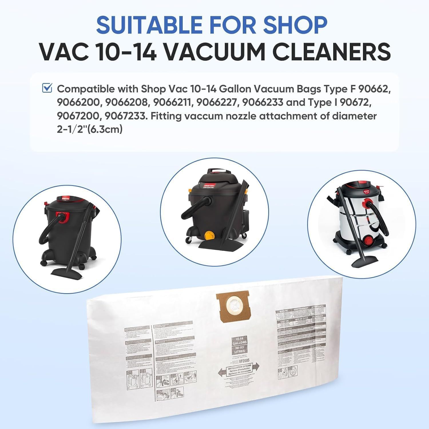 12 Pack V2005 Vacuum Bags Compatible with Shop Vac Bags 10-14 Gallon, Type 90662 9066200; Type I 90672 9067200,High Eiciency Disposable ine Dust Collection — image 3