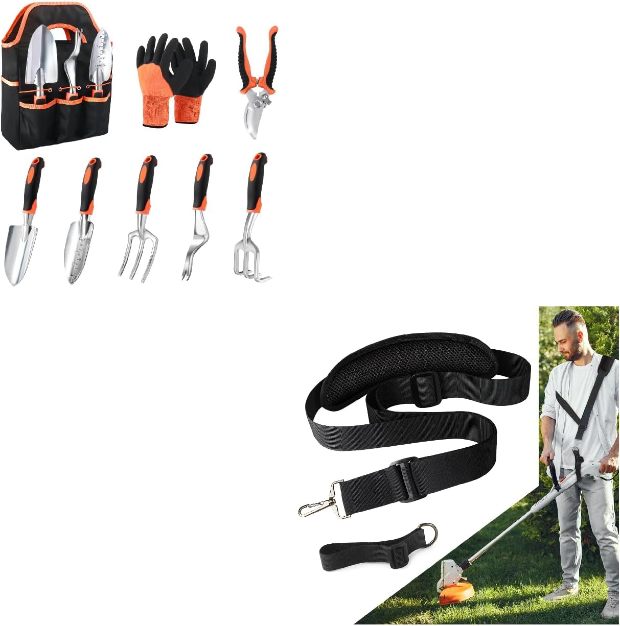 Garden Tools Set, 8 Piece Gardening Tools Set with Non Slip Ergonomic Handle+ Trimmer Shoulder Strap for Weed, Adjustable Shoulder Straps Pads