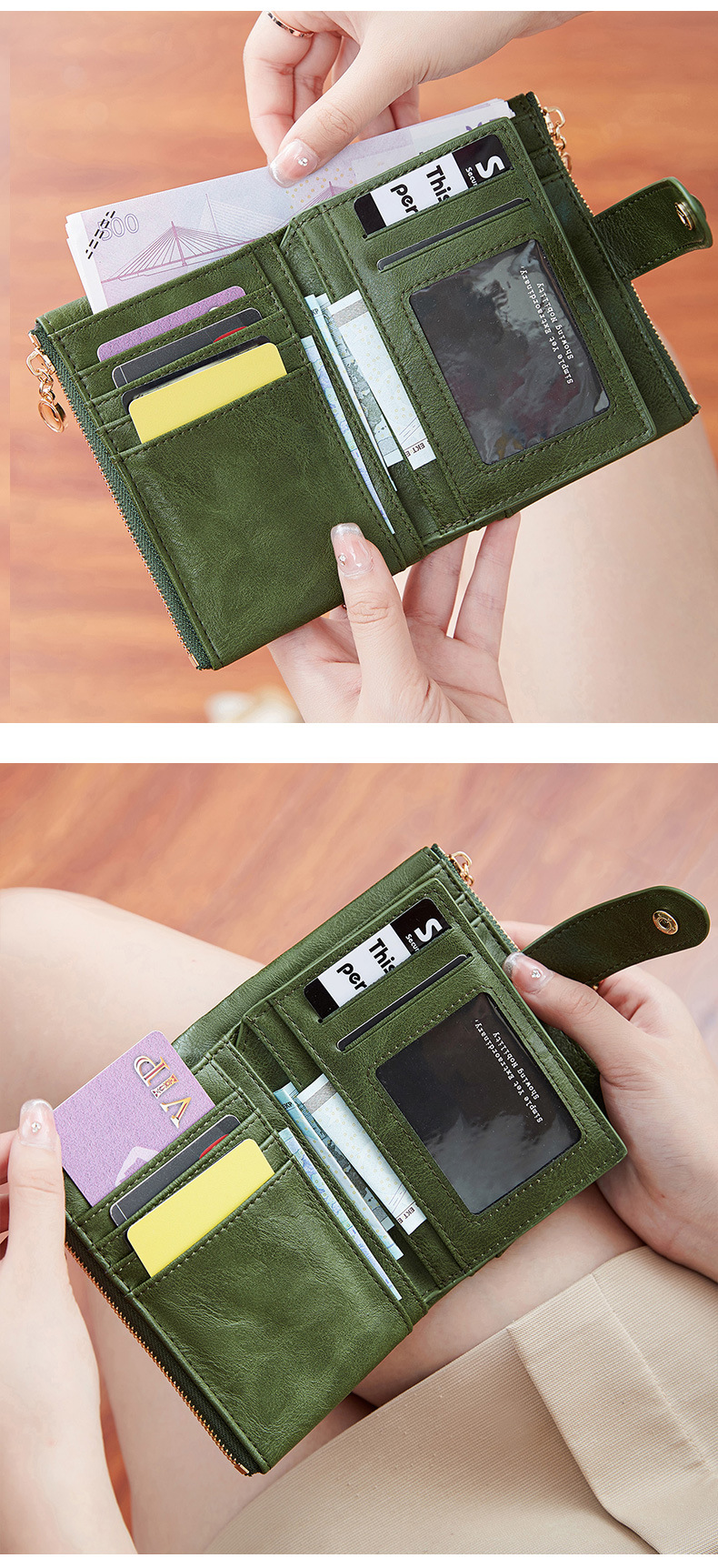 Ladies Compact Wallet Soft Vegan Leather Tri-Fold Purse Double Zipper Coin Pocket with Removable Card Holder High Capacity Multi Slots Green — image 2