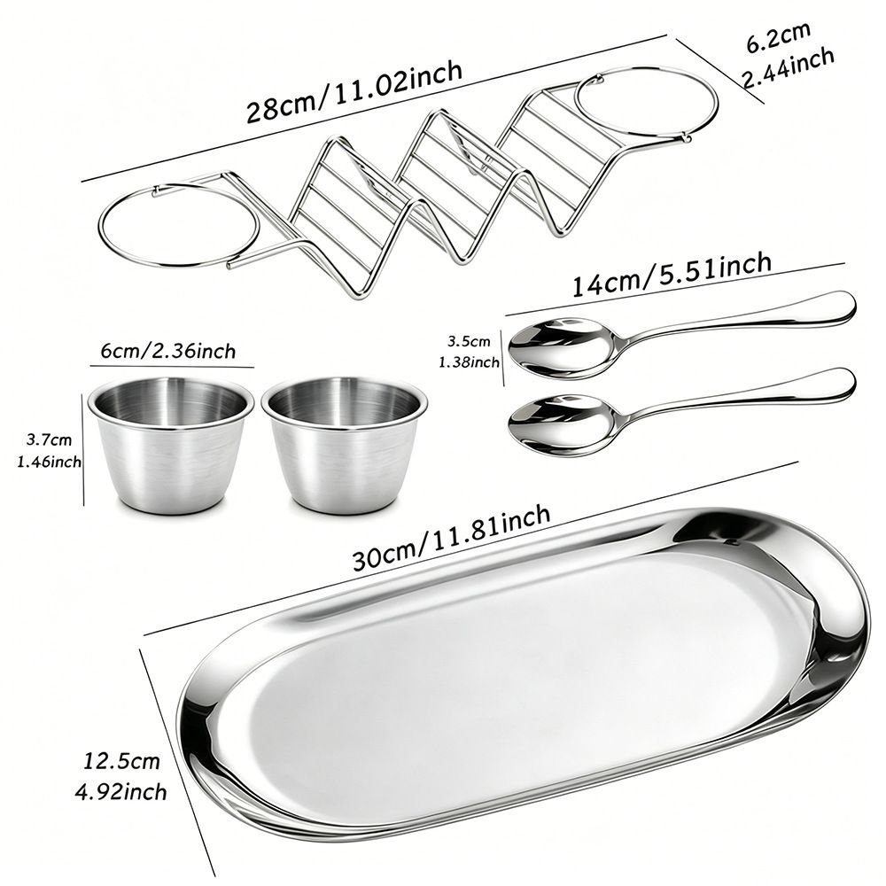 6-Piece Luxury Stainless Steel Burrito Serving Set – Polished mirror finish, complete with burrito holder, serving tray, and sauce cups. (Silver)