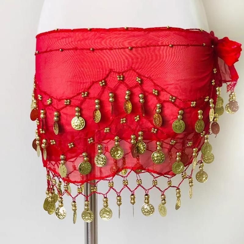 1X 3Rows Belly Dance Dancing Hip Scarf Belt Chain Skirt Golden Tone 98 Coin Bead - Red โ image 4
