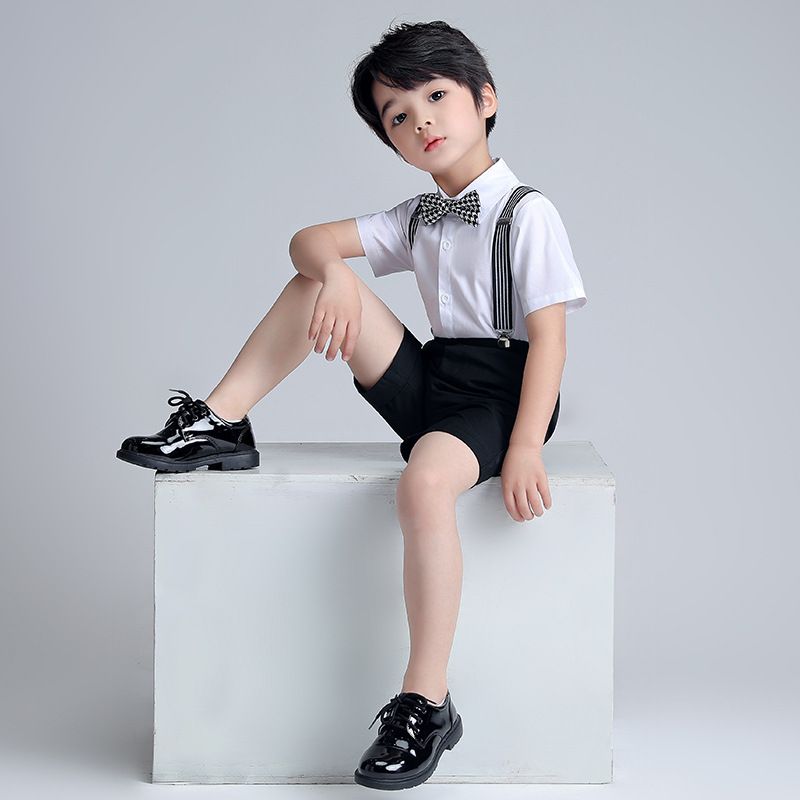 Boys Summer Cotton Short Sleeve Shirt & Shorts Set Pleated shirt + Blue shorts (with striped straps, black bow tie) 130cm: recommended weight 21.50 kg-25.00 kg — image 2