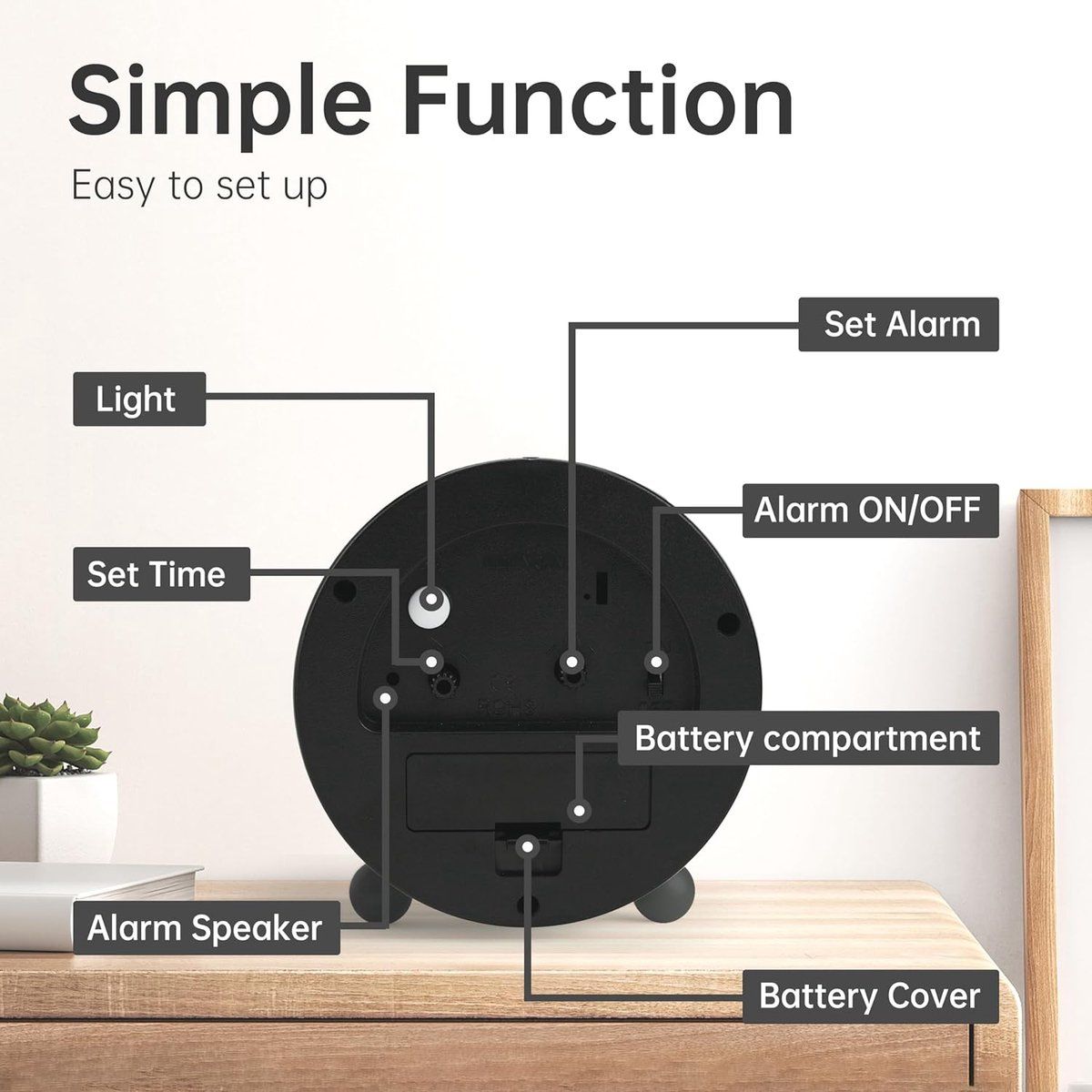 4-Inch Black Silent Analog Alarm Clock with Night Light, Compact Battery-Operated Bedside Clock — image 3