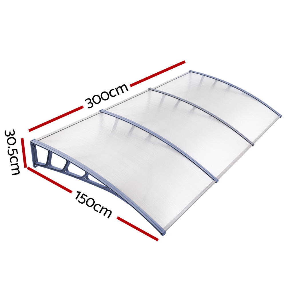 Instahut Window Door Awning Canopy 1.5mx3m Transparent Sheet Grey Plastic Frame — image 2