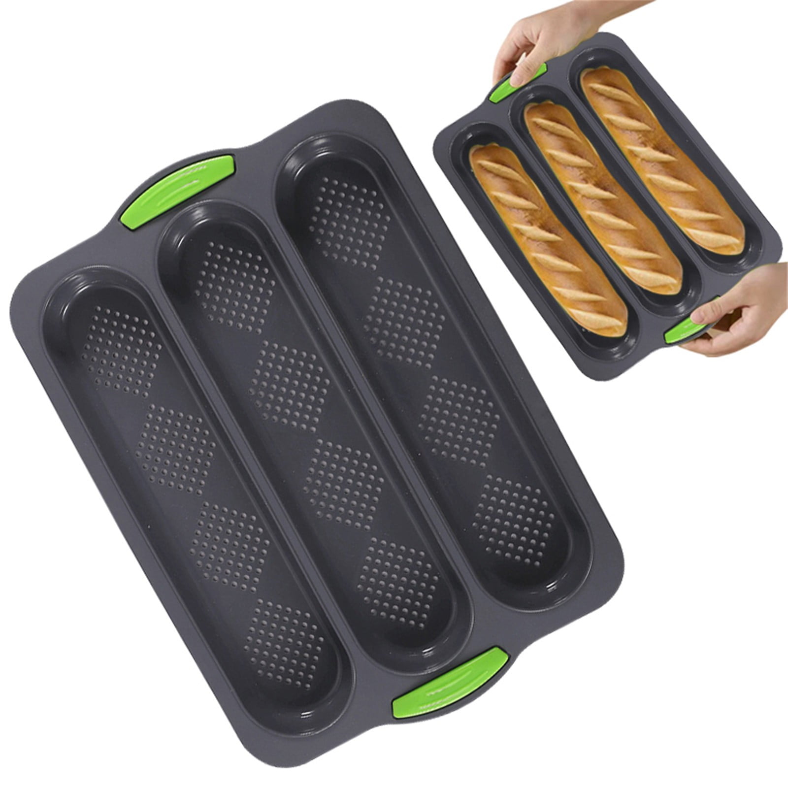 3-Slot French Bread Pan - Non Stick Silicone Baguette Mold for Hoagie, Sub Roll & Hot Dog Buns - Oven Safe Baking Tray with Vent Holes (Beige) Clearance C — image 4