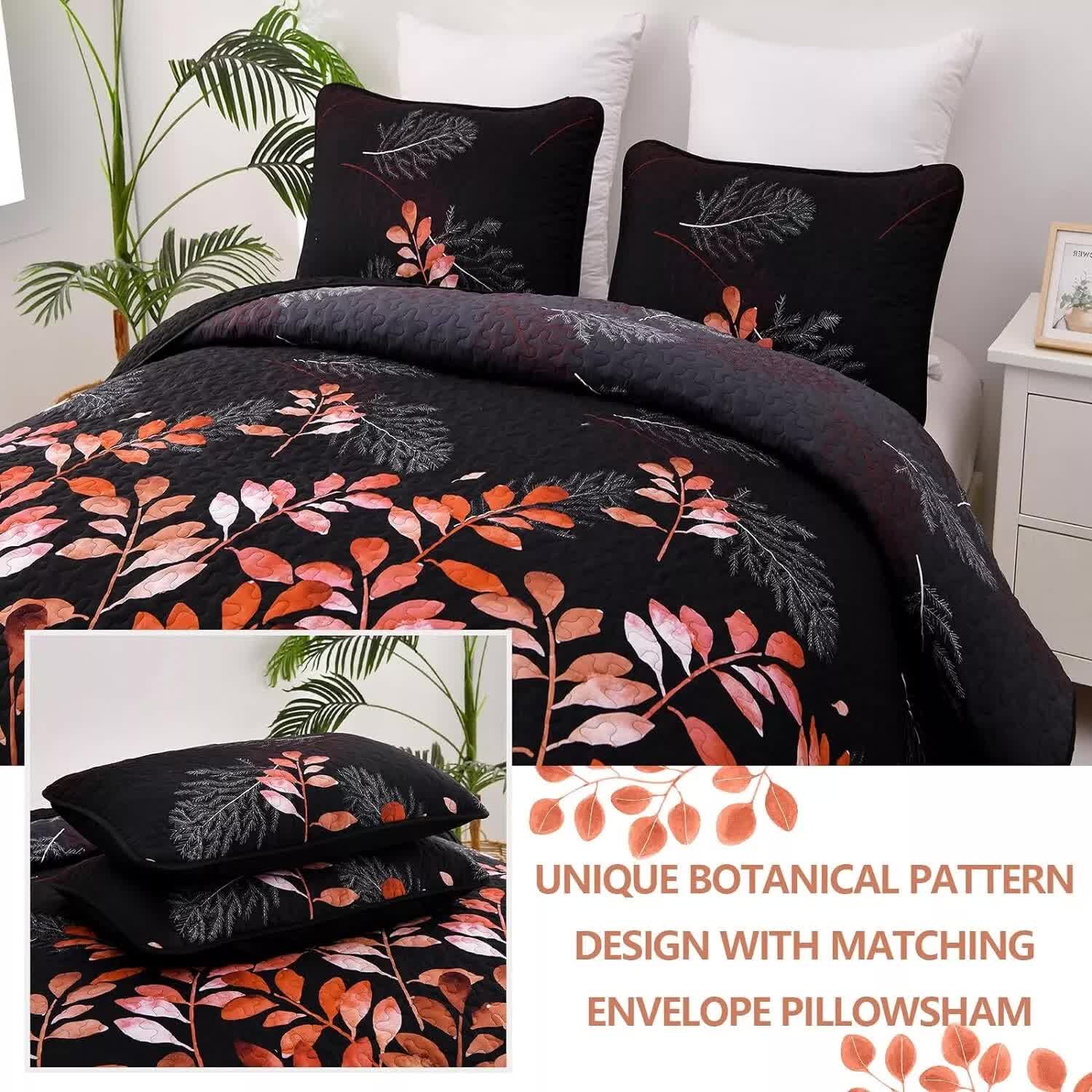 Black and Red Leaves Quilted Bedspread & Pillowcase Set โ image 2